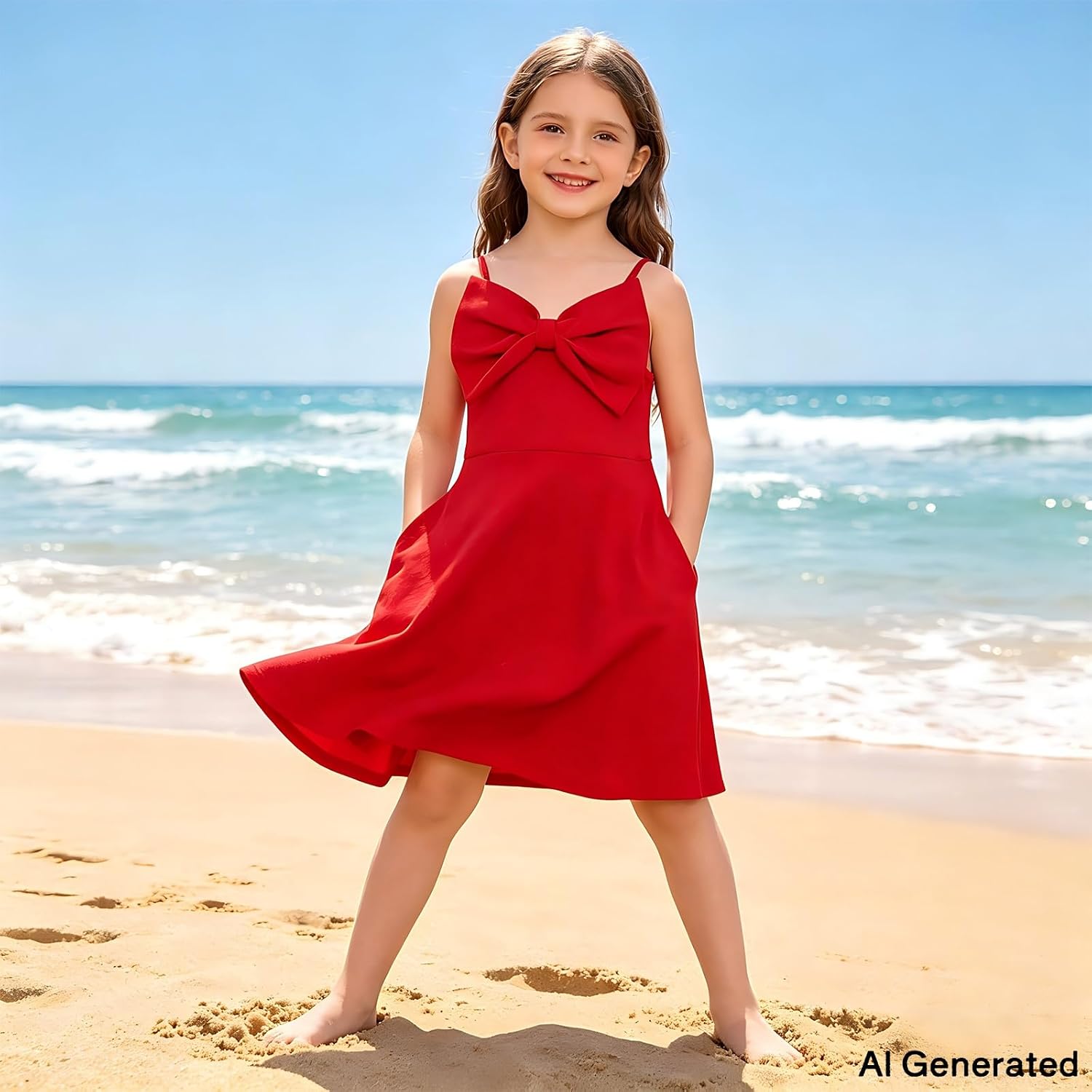 Little Girl Cute Bow Spaghetti Strap Dress Side Pockets Summer Casual A-Line Sundress for Kids 4-13 Years