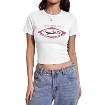 Women's New York Graphic Crop Tops Have A Good Day Printed Y2k Baby Tee Vintage Aesthetic Cropped Shirts Summer TopWhite,M