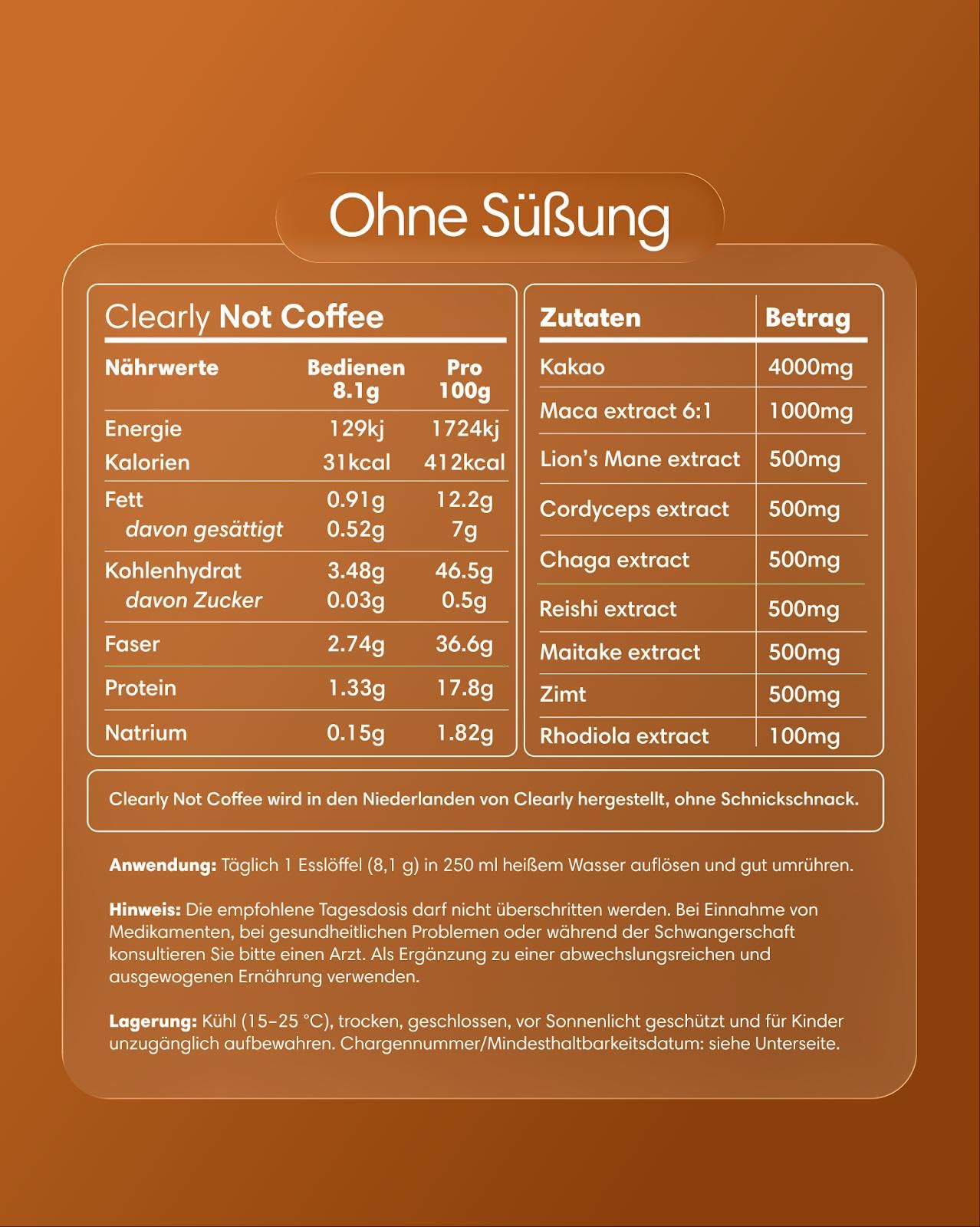 Clearly Not Coffee – Ungesüßtes Pilzgetränk mit Kakao, Chaga, Reishi, Lion's Mane & Cordyceps – Kaffee­freie Kakao-Alternative, Vegan & Zuckerfrei – 255 g