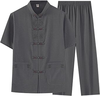 Cotton Linen Tang Suit for Men, 2-Piece Set, Chinese Hanfu Shrot Sleeve Pant,Tai Chi Kung Fu Costume