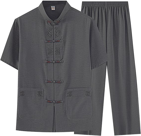 Cotton Linen Tang Suit for Men, 2-Piece Set, Chinese Hanfu Shrot Sleeve Pant,Tai Chi Kung Fu Costume