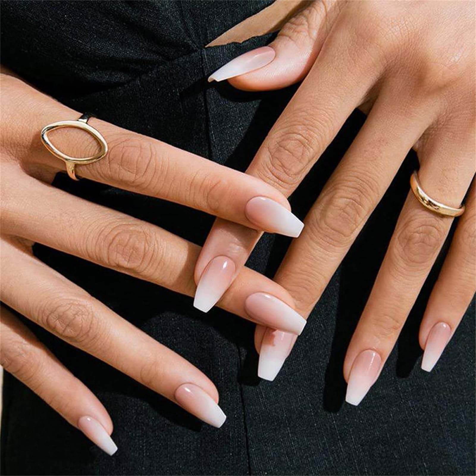 Coffin False Nails Long, 24Pcs White gradient French Fake Nails, Ballerina Press on Nails,Nude French Nail Tips with Nail Glue, Artificial Finger Manicure for Women and Girls