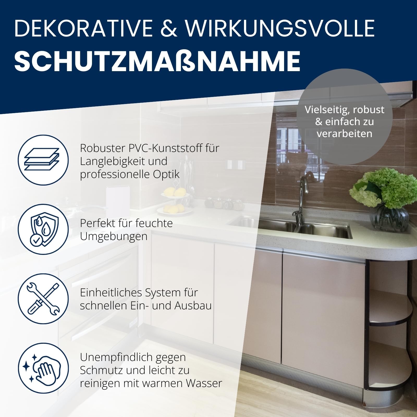 TJ Sockelleiste Küche 100 x 13 mm Weiß Hochglanz / 9,0 m Küchen Sockelblende aus hochwertigem PVC/Küchensockel als Abschlussleiste für Küchenschränke inkl. Dichtlippe