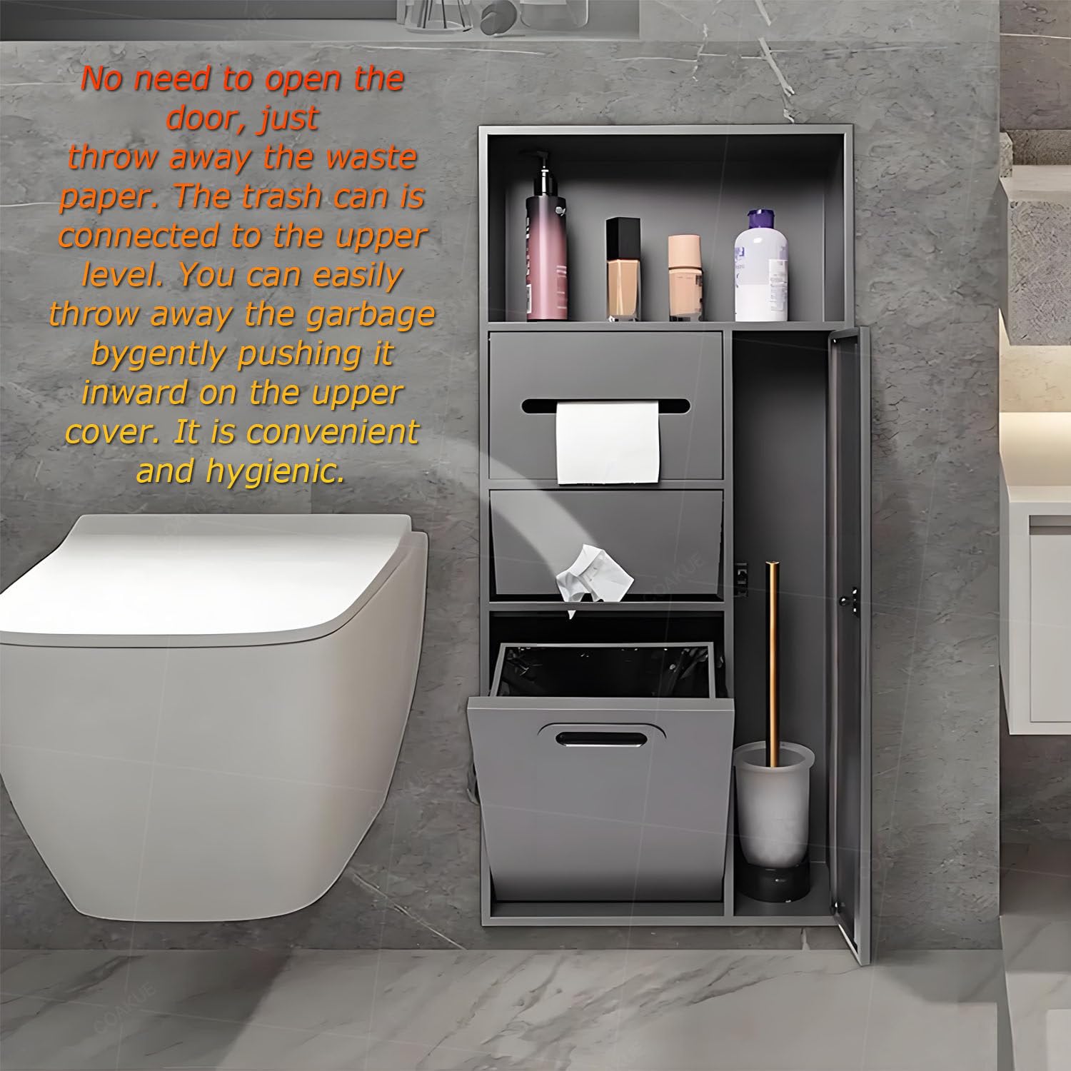 Scopino da bagno in acciaio inox per bidone della spazzatura, carta igienica e igiene; ripiano integrato grigio, 30 x 78 x 14 cm