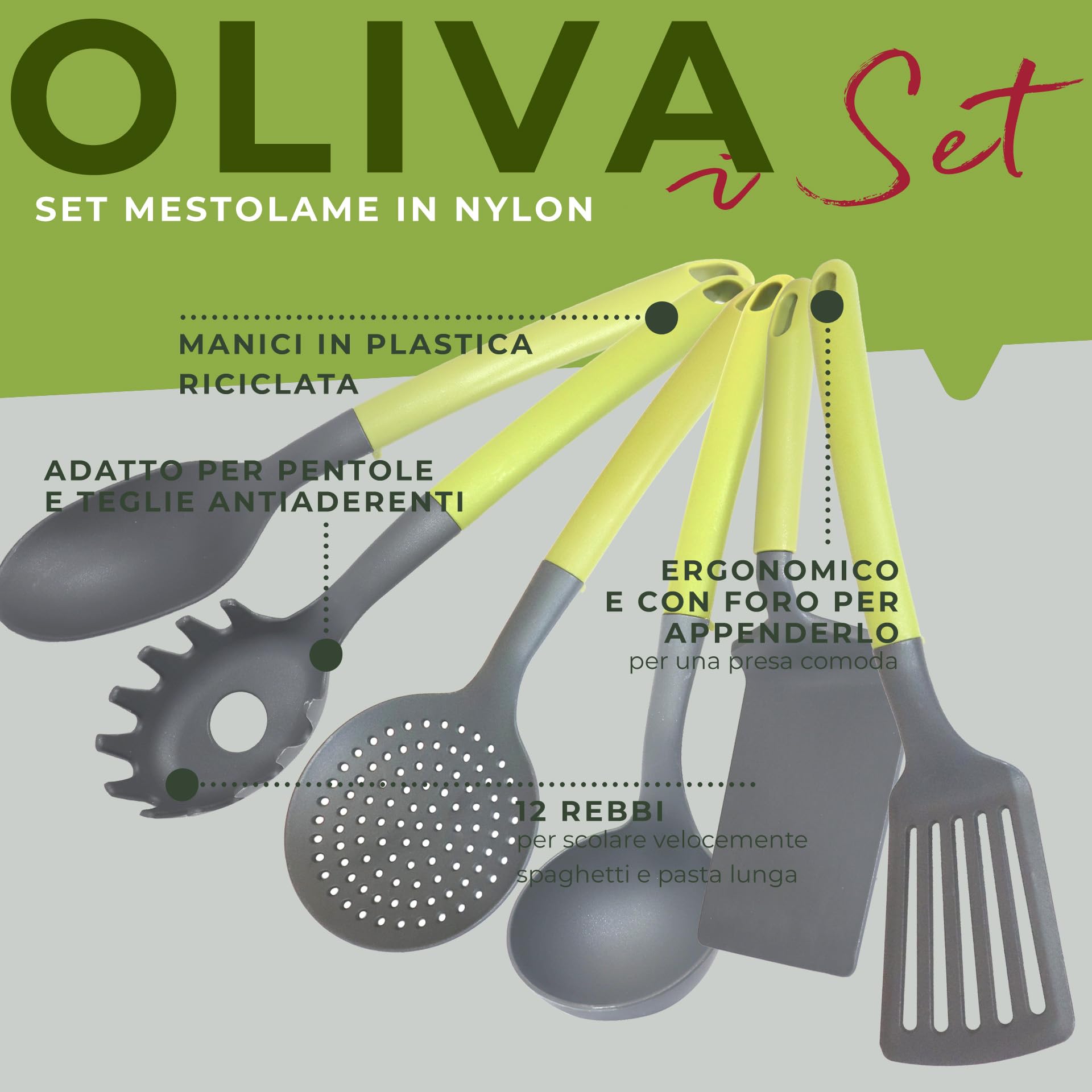 Fackelmann Set di utensili da cucina 6 pezzi, mestoli in nylon, utensili lavabili in lavastoviglie, mestoli da cucina resistenti al calore fino a 200 °C, Linea Oliva