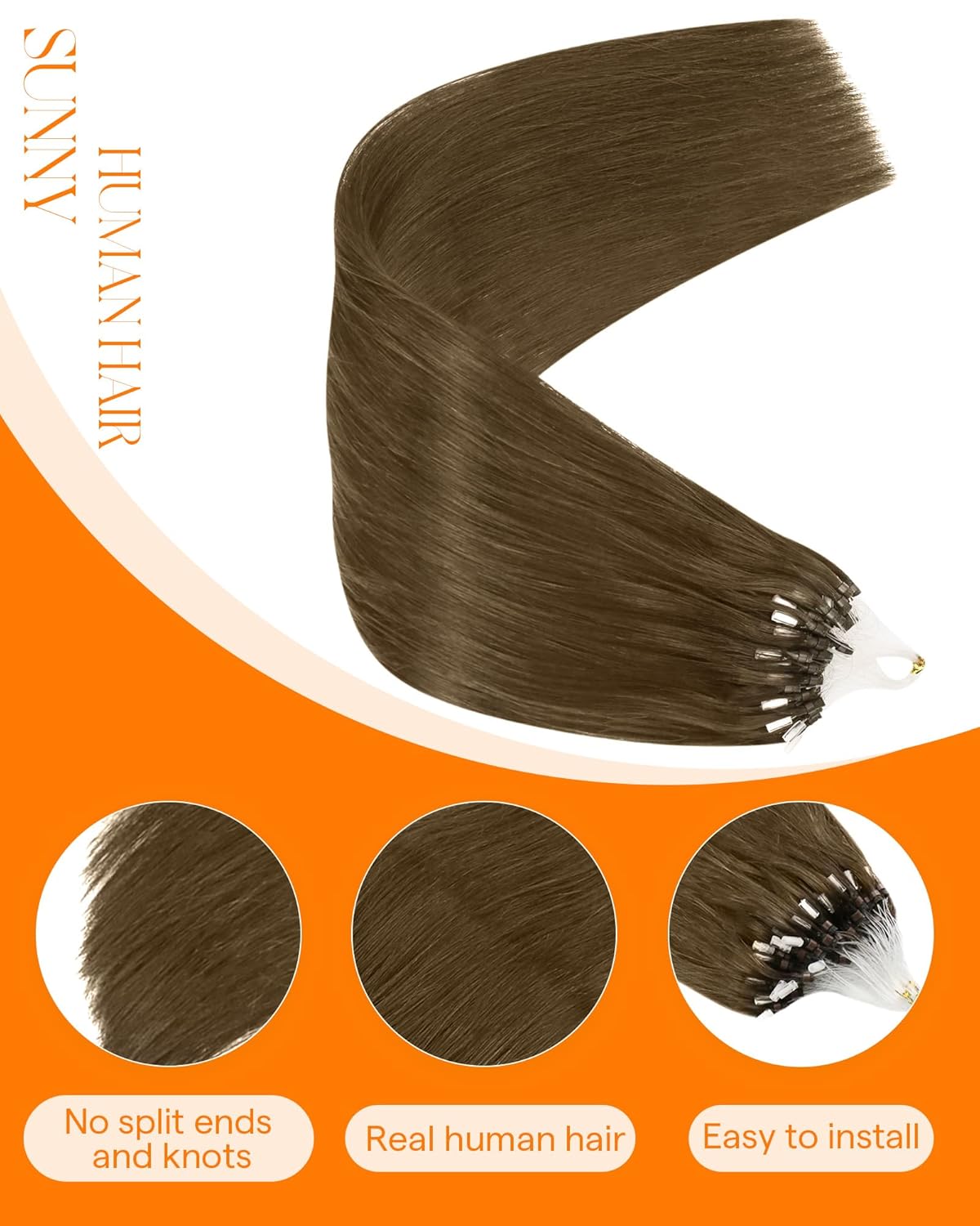 Sunny Hair Micro Bead Hair Extensions Real Human Hair Soft Micro Loop Hair Extensions Cool Brown Pre Bonded Extensions 16inch 55g