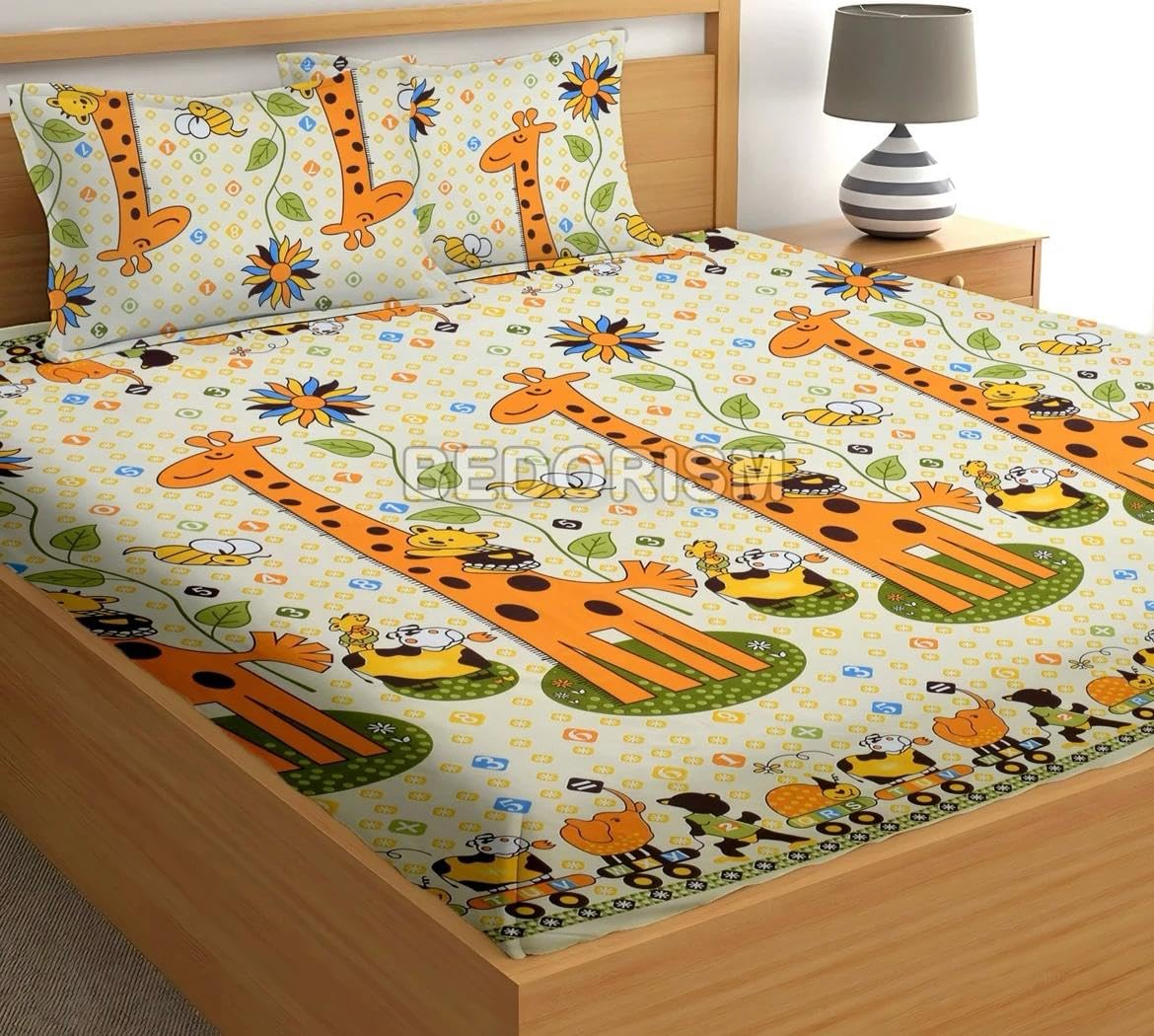 NEW TOWN Cotton Feel Glace Cotton Elastic Fitted Printed King Size Double Bed Bedsheet with 2 Pillow Covers and Fits Upto 8 inches Mattress, Size- 72"x78" Saffro 5989