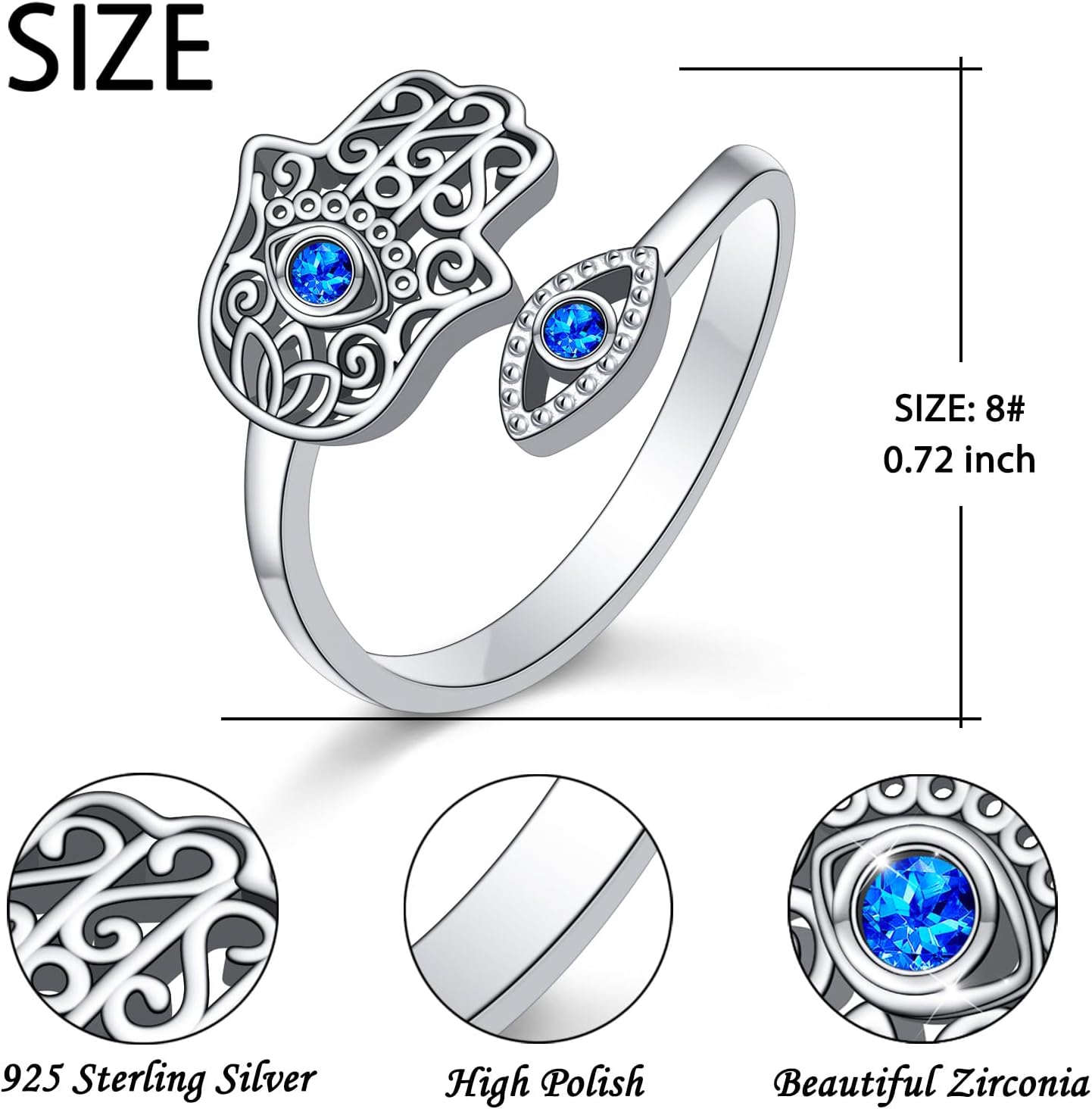Hamsa Hand of Fatima Lotus Evil Eye/Love Heart/Butterfly/Rose Spoon Adjustable Open Rings 925 Sterling Silver Statement Ring Jewelry Gifts for Women - Image 4