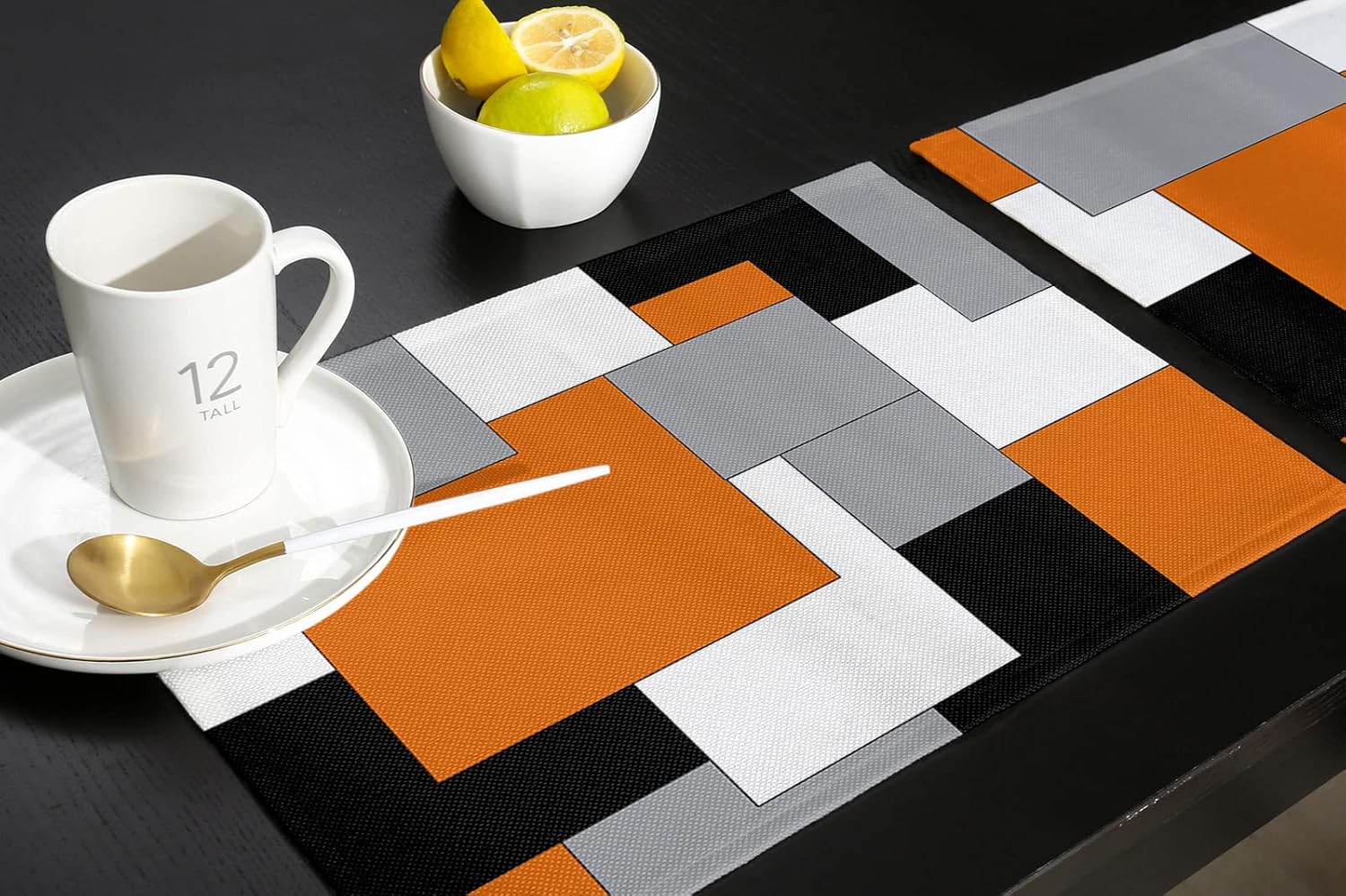 Black White Gray Orange Geometric Pattern Kitchen Placemat Set 6, Cotton Linen Table Protector Dining Dish Desk Mat Heat Resistant Washable Durable Table Mats 18x12 Inch, Abstract Modern