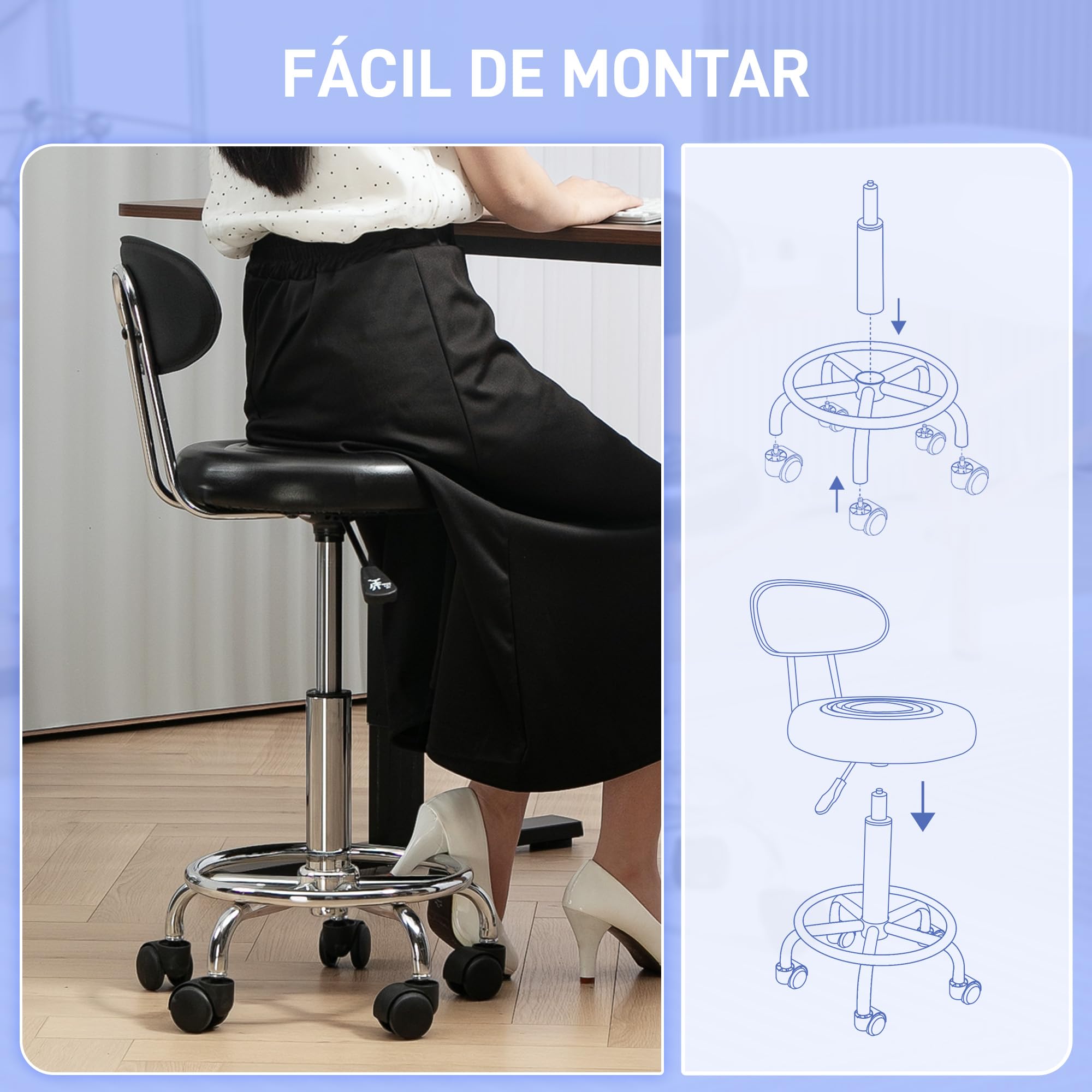 HOMCOM Taburete Giratorio con Ruedas y Respaldo Taburete de Trabajo con Altura Regulable 70-86 cm Asiento Tapizado de Cuero Sintético Negro