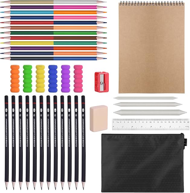 Drawing Sketching Pencils Set, 38pcs Art Kit with Black Zipper Bag, Sketch Book, Dual Ended Colouring Pencils, Eraser, Sharpener, Art Pencils Sketching Set for Adults Kids Beginners Drawing Sketching