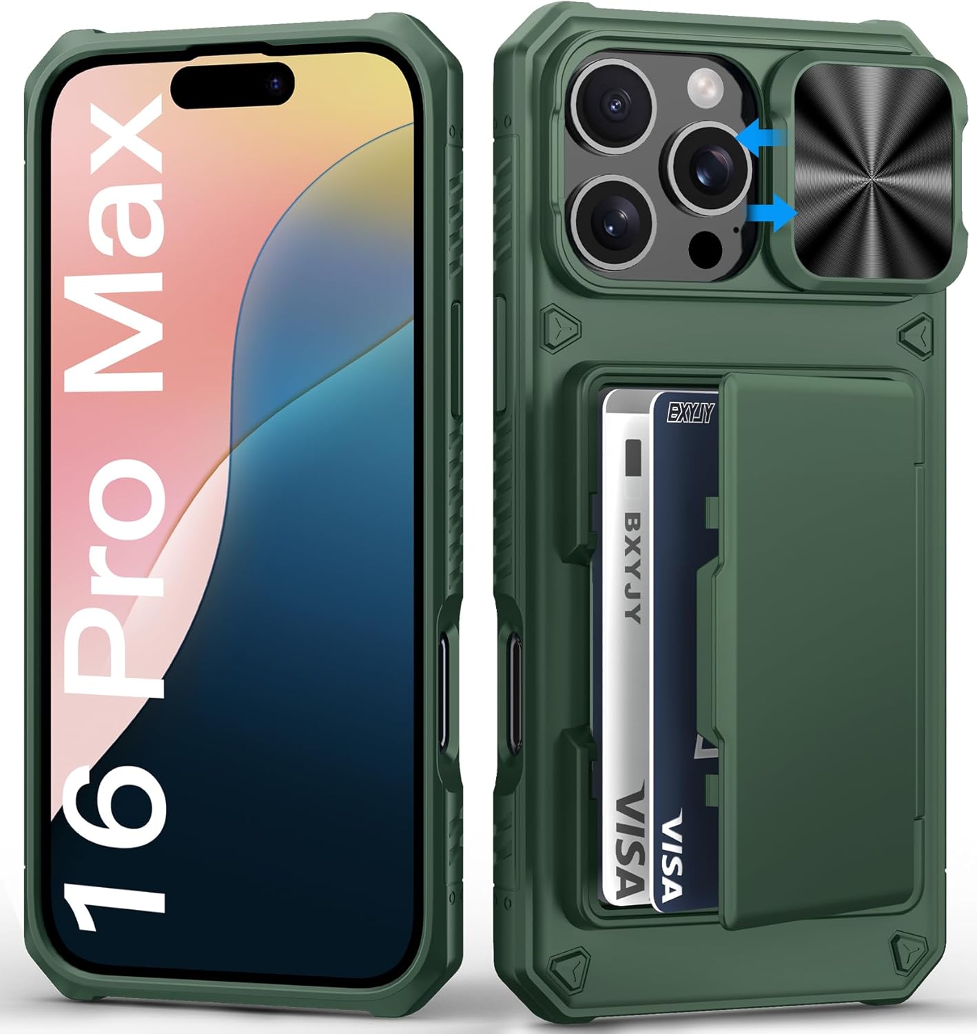 for iPhone 16 Pro Max Wallet Case, Built-in Credit Card Holder (4-5 Cards), Slide Lens Cover, Military Protection, Rugged Heavy Duty Women Men Protective Phone Case for iPhone 16Pro Max, Green (iPhone 16 Pro Max Green) Thumbnail