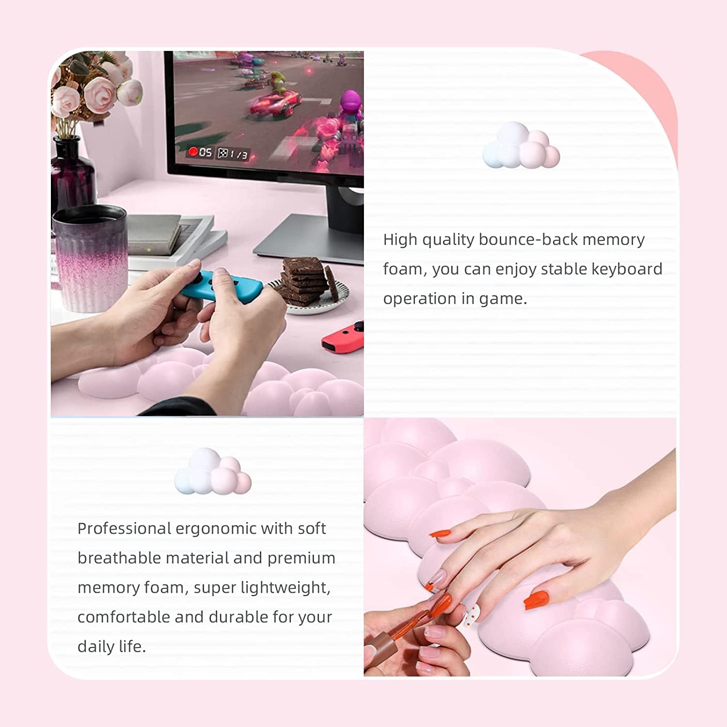 17 in Cloud Keyboard Wrist Rest, 3Pcs Mouse Pad Wrist Support Set with Ergonomic Memory Foam, Coaster Anti-Slip Base, Palm for Home Office Laptop Desktop Computer, Easy Typing Pain Relief (Color Pink)