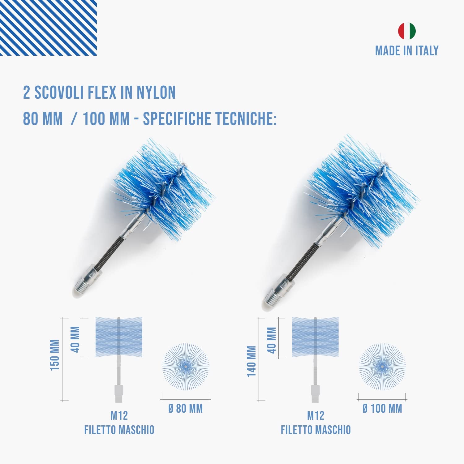 Scovoli Per Pulizia Stufa A Pellet - 2 Pezzi Flessibili In Nylon (80mm E 100mm), Con Filettatura M12 - Foto 4