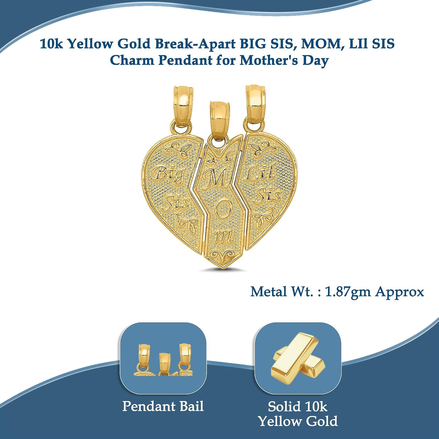 DewberryDiamonds 14k Yellow Gold 3-Piece Break-apart BIG SIS-MOM-LIL SIS Pendant for Mom (Weight : 2.03 gm, Length : 22.23 mm, Width : 18.12 mm)