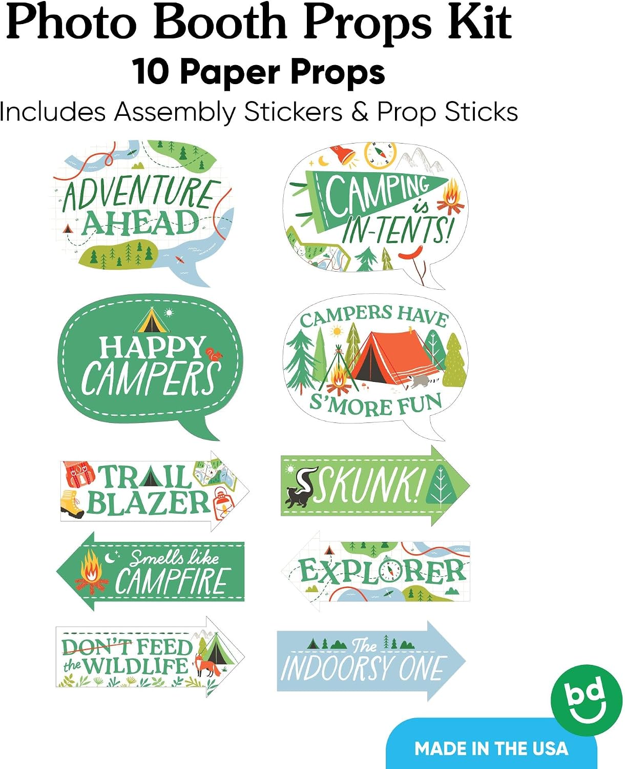 Funny Camping - Camp Themed Photo Booth Prop Kit, DIY Setup - 10pc | Happy Camper Party Decorations, Arrow and Speech Bubble Shapes for Adults or Kids, Prop Sticks Included, USA-made