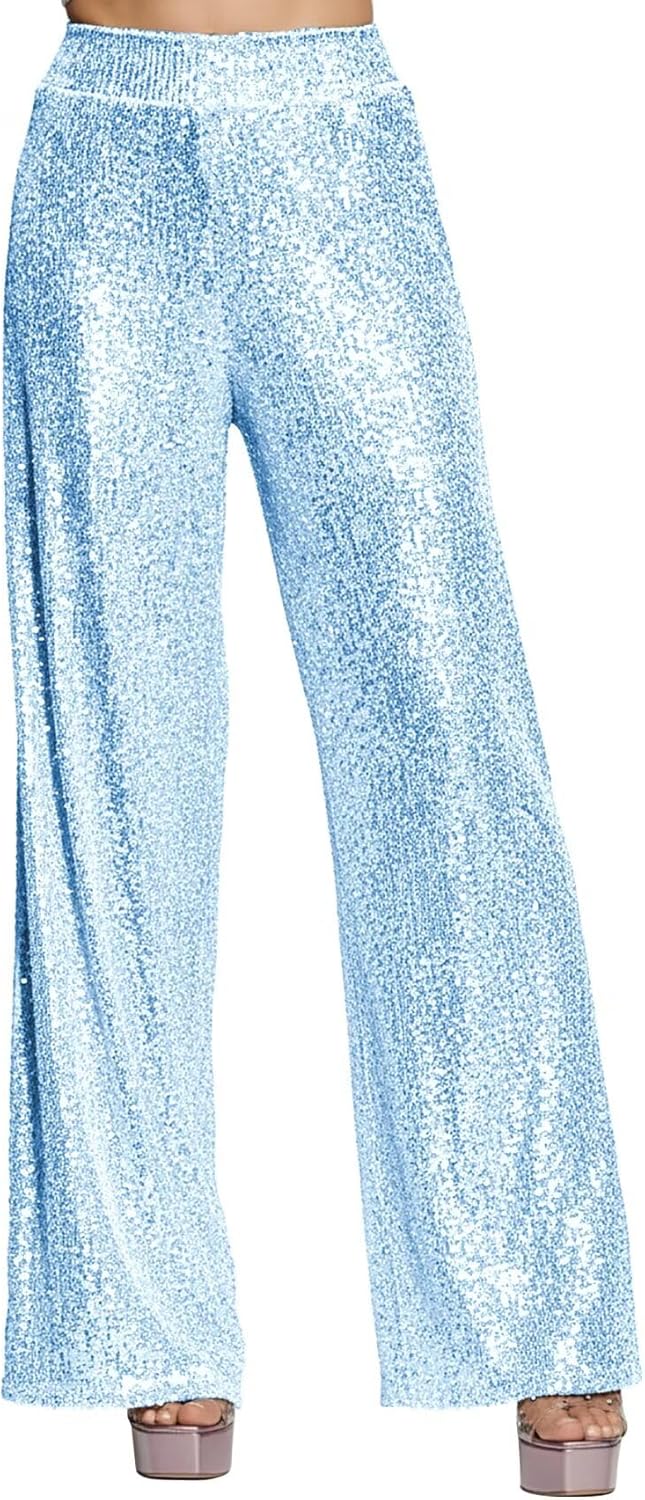Sequin Pants for Women Sparkly Elastic High Waisted Wide Leg Pants Glitter Loose Club Party Trousers