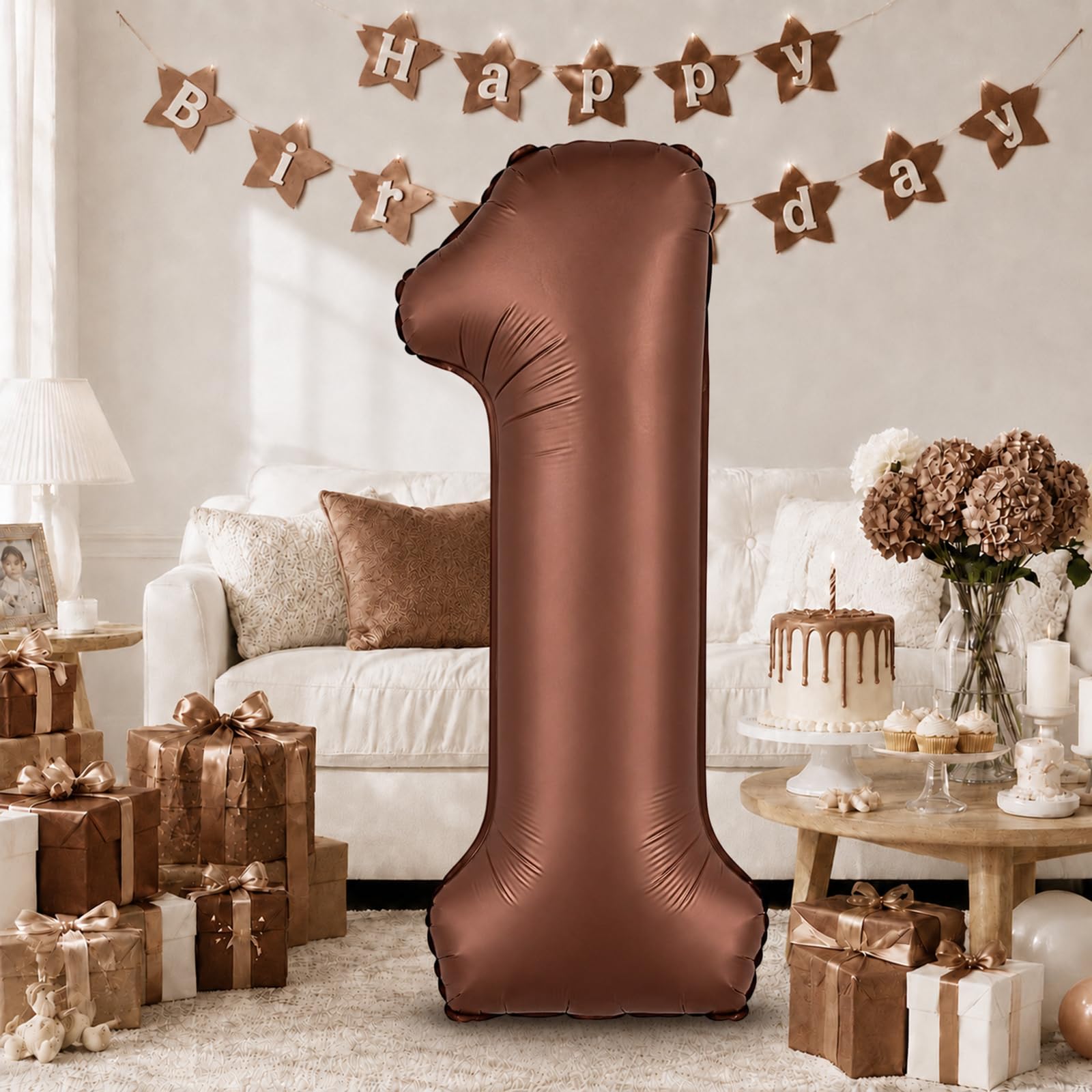 Dark Brown 1 Balloons, 40 Inch Chocolate Brown Helium Foil Number 1 Balloon Girls, Self Inflating 1st Birthday Balloon One for Boys Boho Anniversary Baby Shower Cow First Birthday Party Decorations