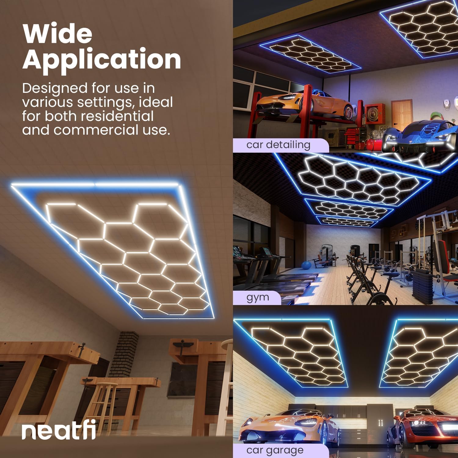 Neatfi 60,720 Lumens LED Garage Light – Ultra-Bright Shop Lighting | Easy Ceiling Installation | Auto Shops, Salons, Basements, Warehouse & Gyms (15 Hex Grids, Blue)