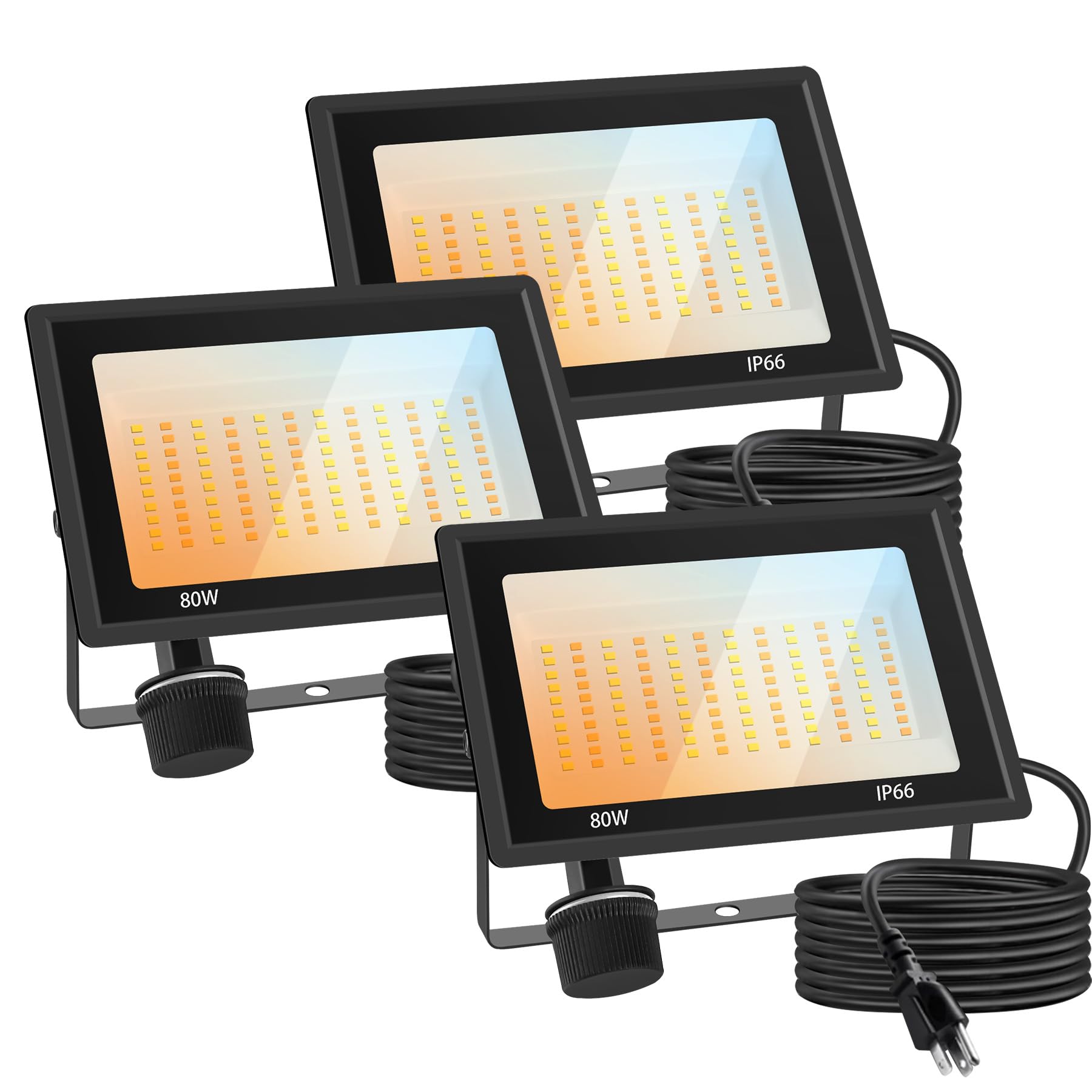 Gopretty 80W LED FloodLights Outdoor 3 Pack, 3CCT 3000K 4500K 6000K Selectable, IP66 Waterproof 10000LM Floodlight, Outdoor Security Flood Light for