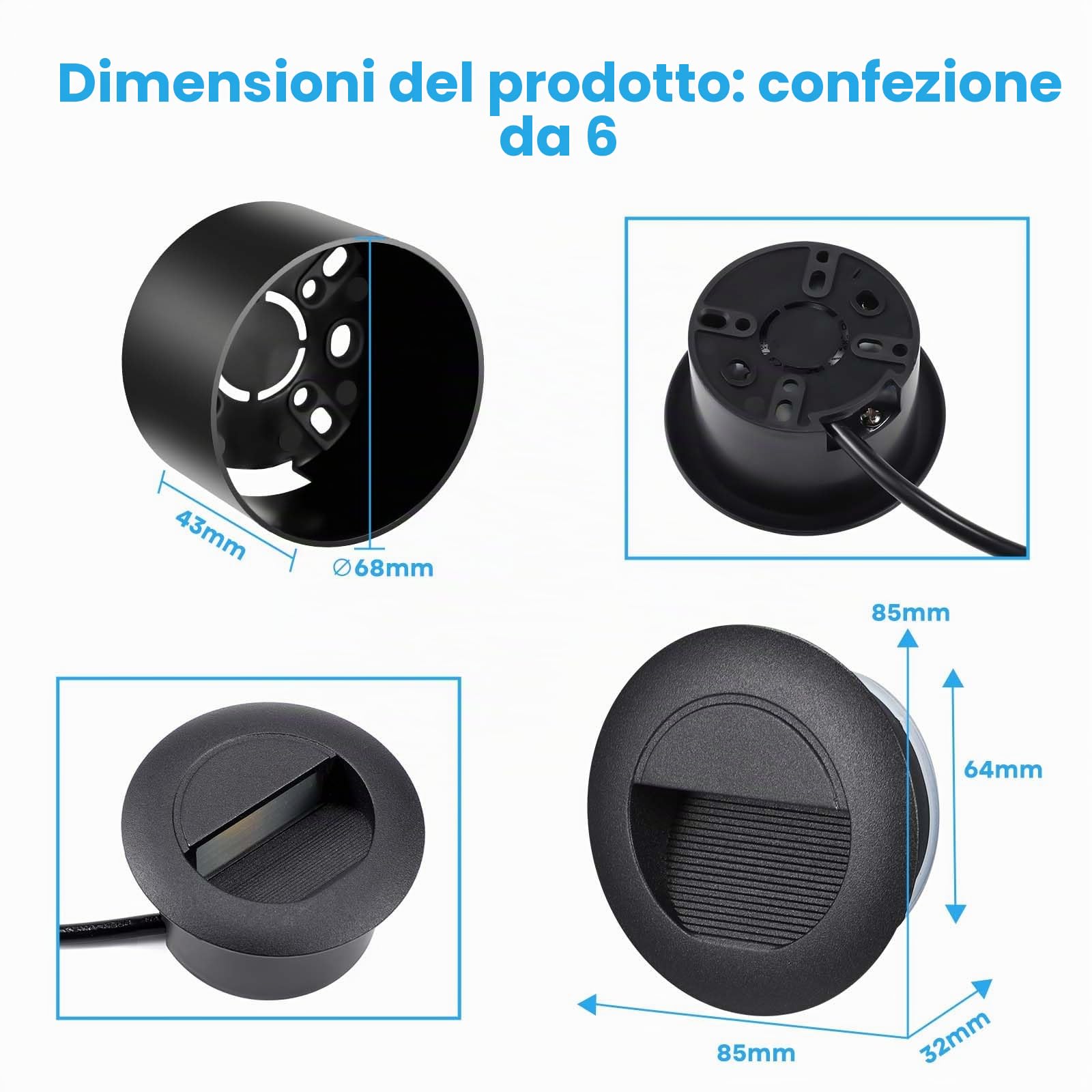 Illuminazione per scale 5W 500lm 6-Pack, Apparecchi LED 230V 3000K, 85x85mm, Luce da Incasso a Parete IP65, Luci per Scale a Parete, Zoccoli da Incasso 68mm, Alluminio Nero