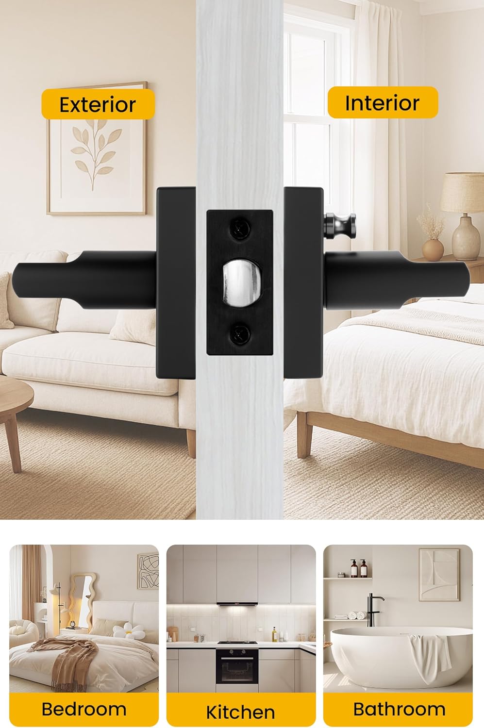 Goldenwarm Black Door Handles Interior, Matte Black Privacy Door Handles, Square Black Door Lever Interior for Bathroom Bedroom (6 Pack)