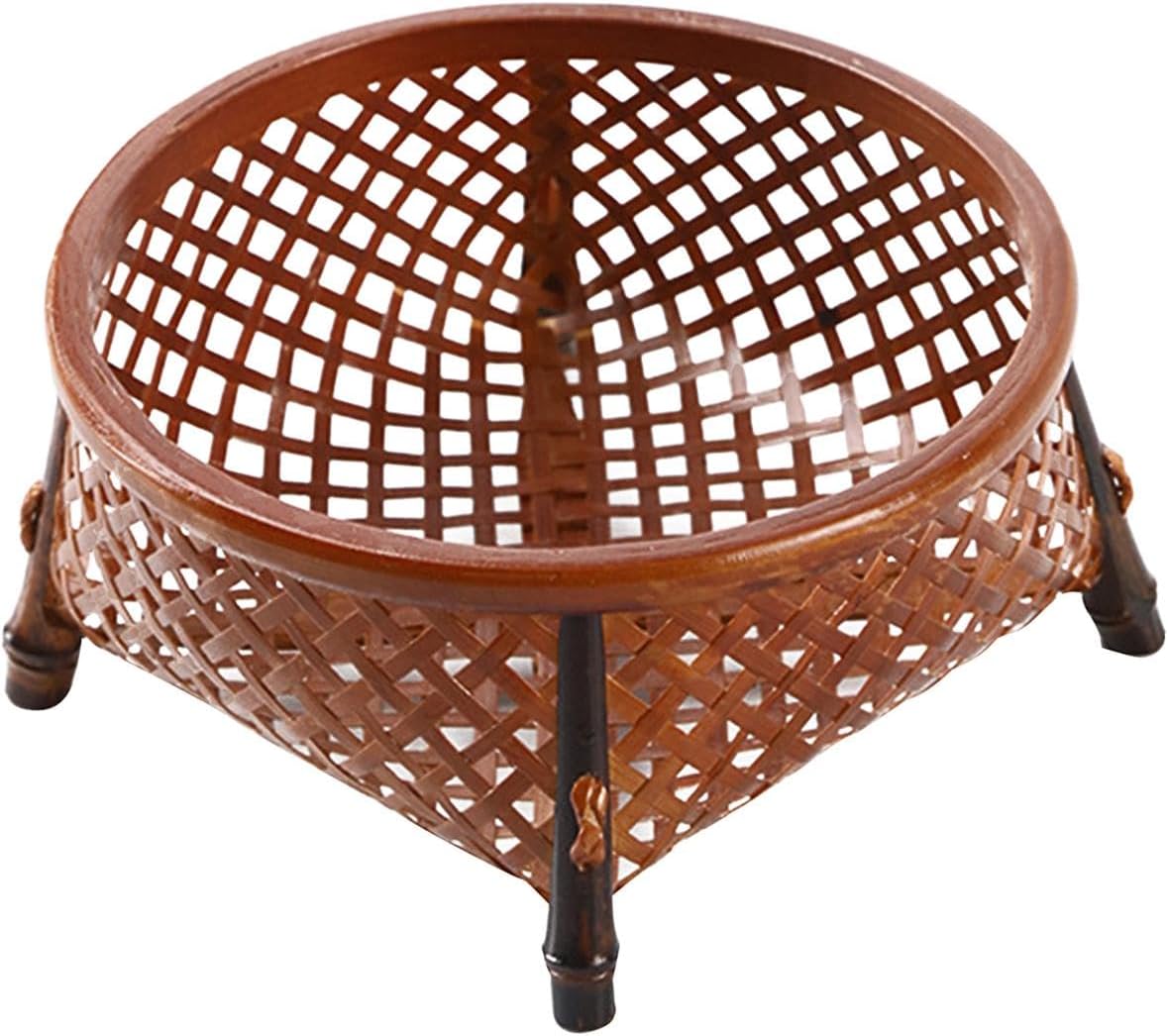 Handwoven Storage Basket Food Serving Tray Snack Cookies Display Bread Handmade Bread Basket for Coffee Table Camping Outdoor, Round Brown, 14cmx7cm(Square Black,15cmx15cmx7cm)