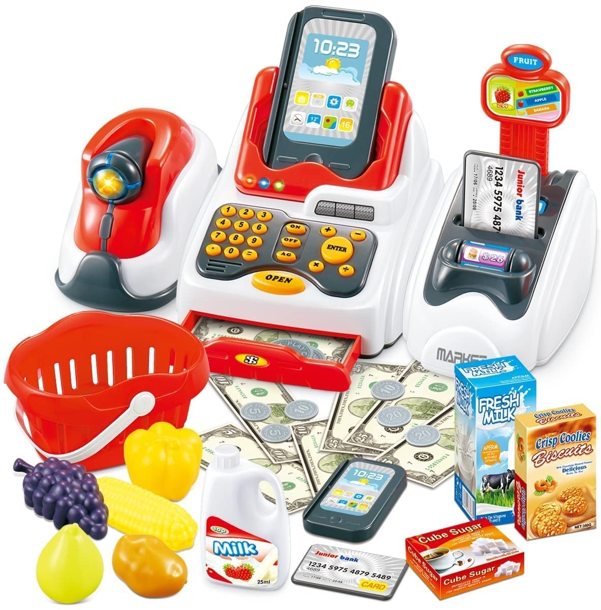 Exclusive Plastic Cash Register with Checkout Scanner, Fruit Card Reader, Credit Card Machine, Play Money and Food Shopping Play Set for Kids, Multicolour-image-41