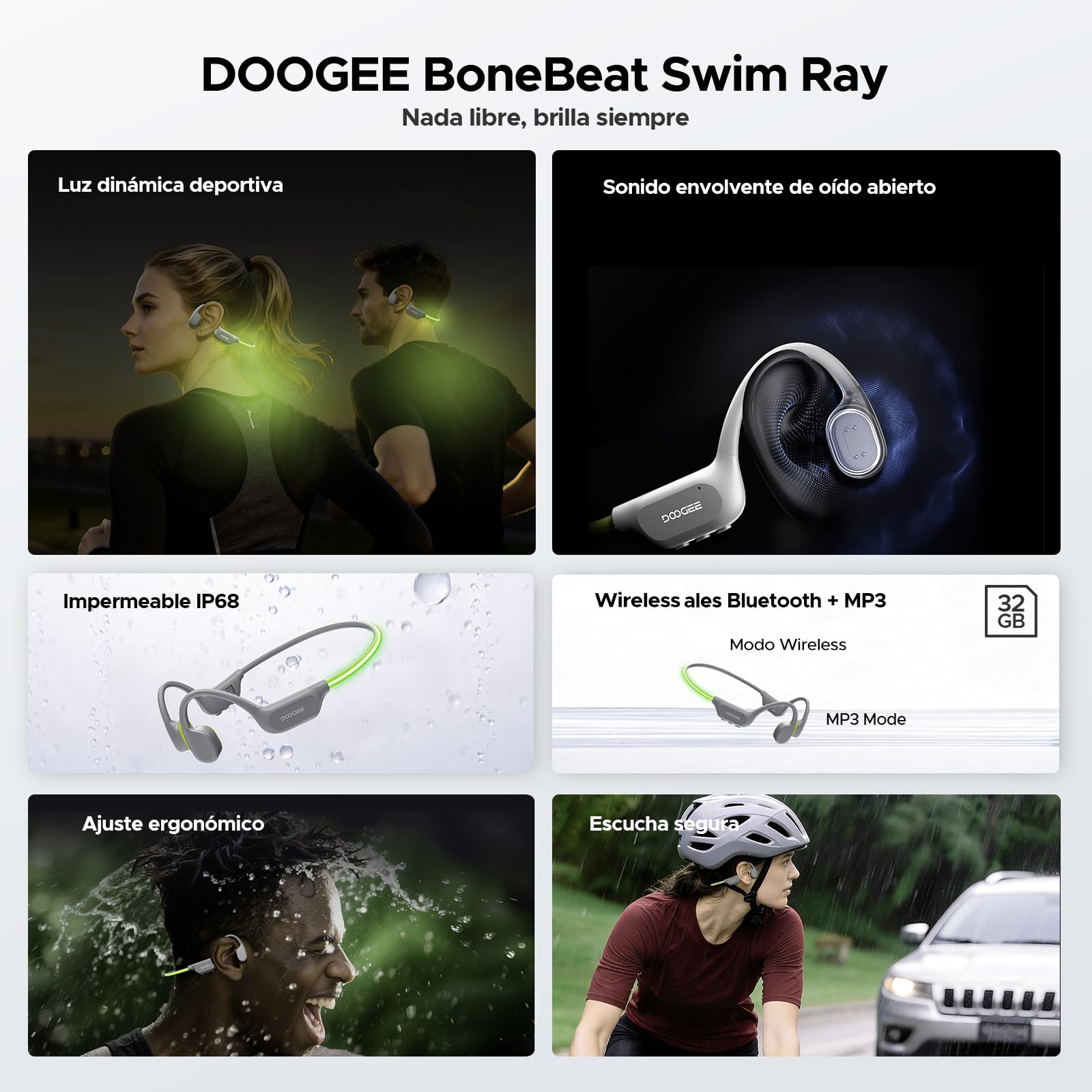 Auriculares de Conducción Ósea, Cinta LED, Impermeable IP68 Auriculares para Nadar, 10 Horas de Autonomía, Bluetooth 6.0, Modo MP3, Almacenamiento 32GB, Adecuados para Ciclismo (Gris)