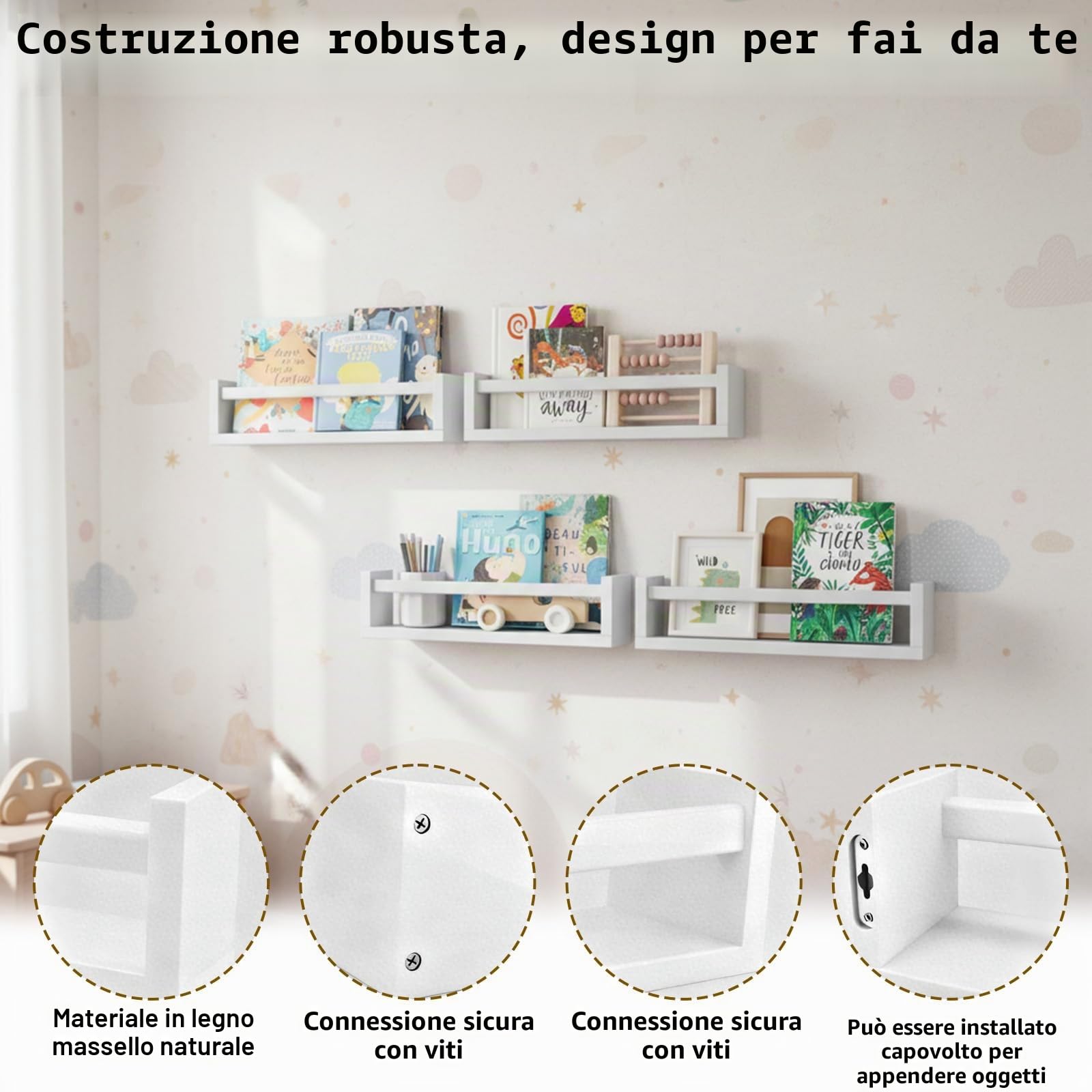 Set di 3 mensole per la cameretta, mensole da parete sospese, mensole a parete in legno con bordo, mensole sospese per libri, mensole per cameretta