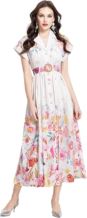 LAI MENG FIVE CATS Womens Summer Lapel V-Neck Floral Print Short Sleeve Button Maxi Dress