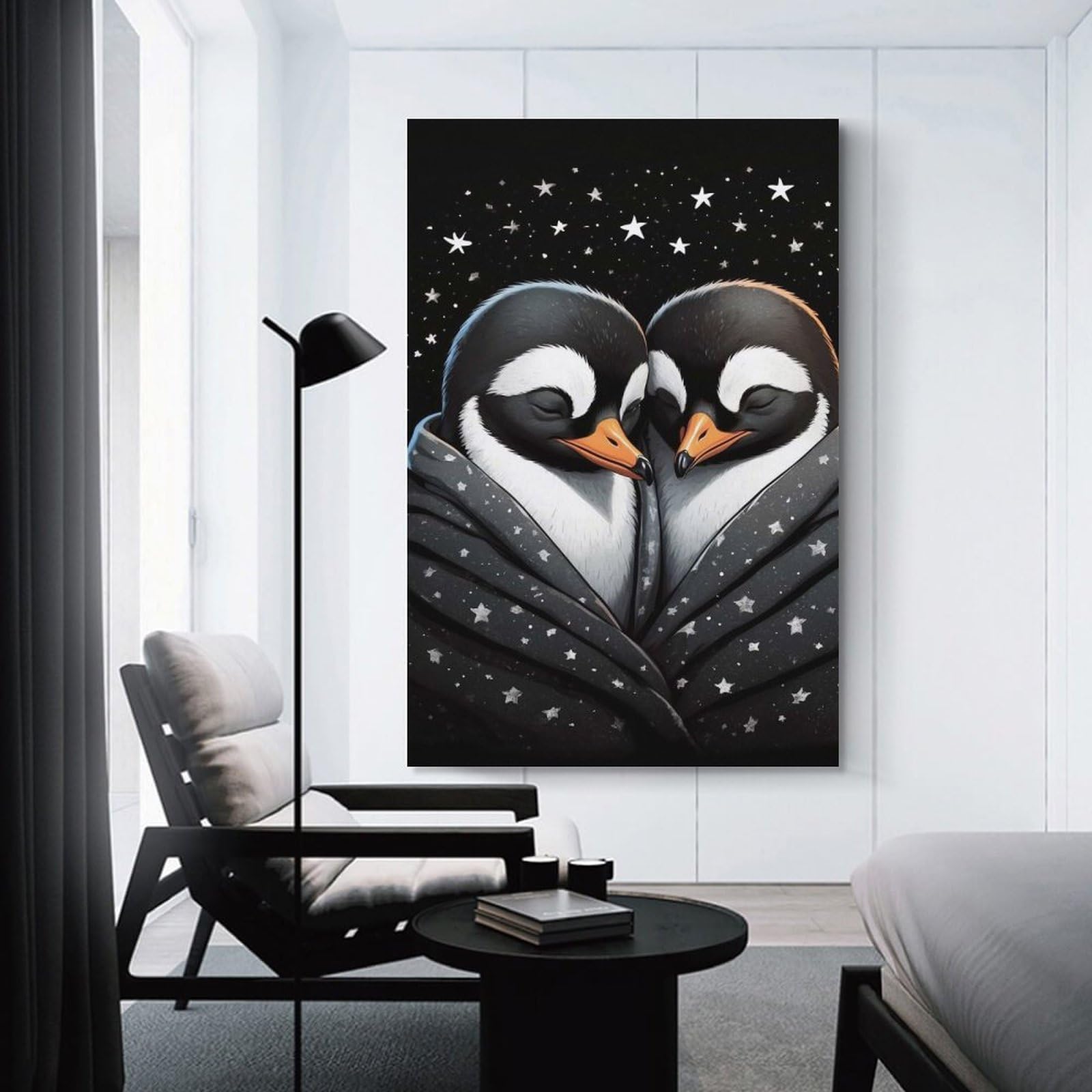 Junmoney Penguin Pair Wrapped in Starry Blanket Decorative Wall Artwork, 20x30inch(50x75cm), for Corridors, Hallways Or Apartment Entries, Home Artwork for First Impressions