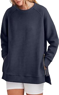 Women's Oversized Round Neck Tunic Sweatshirt Long Sleeve Pullover with Zipper Hoodie Autumn Tops