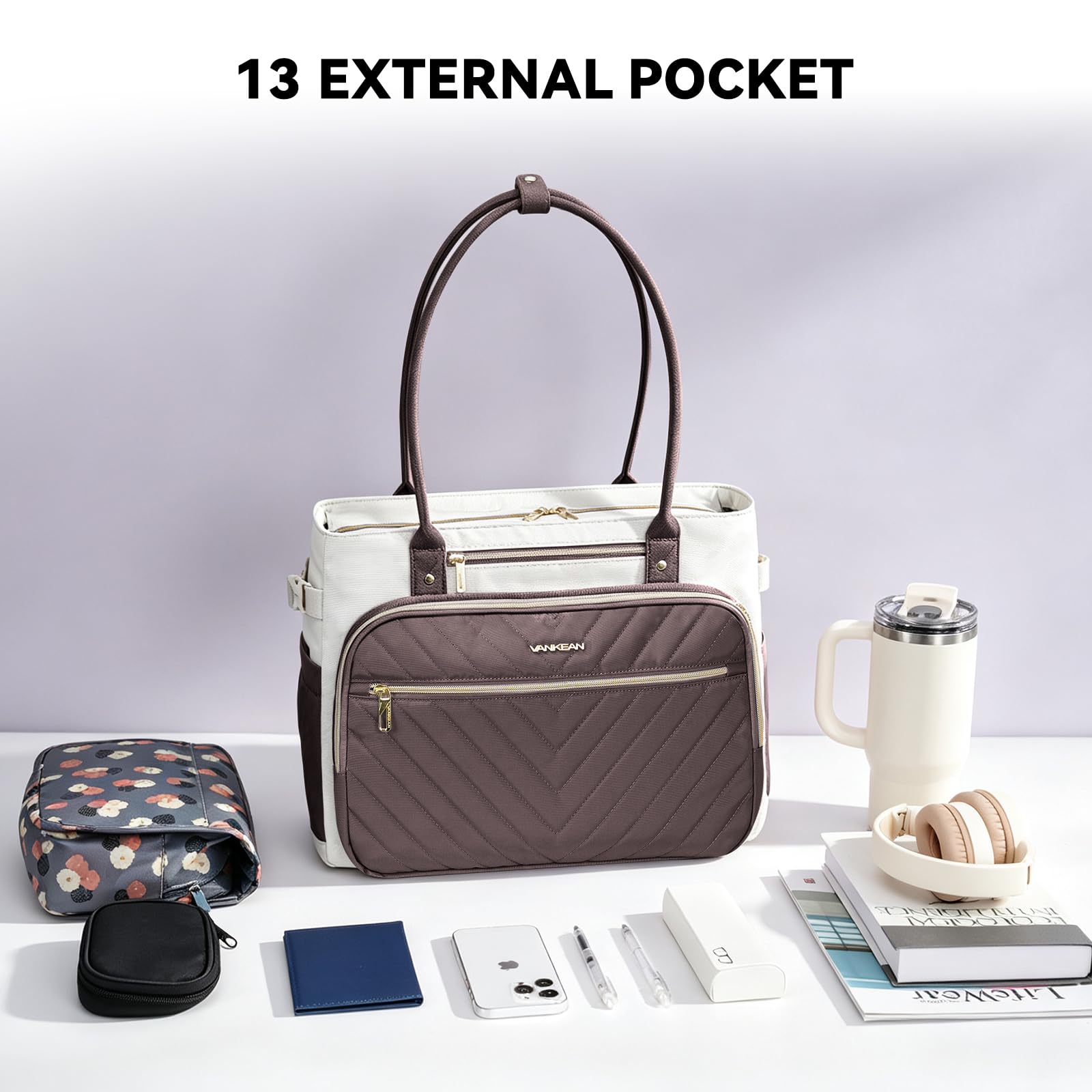 VANKEAN Borsa per computer portatile da donna, 15,6 pollici, borsa da lavoro impermeabile, borsa a tracolla per computer, borsa grande per lavoro, viaggi d'affari, beige/caffè