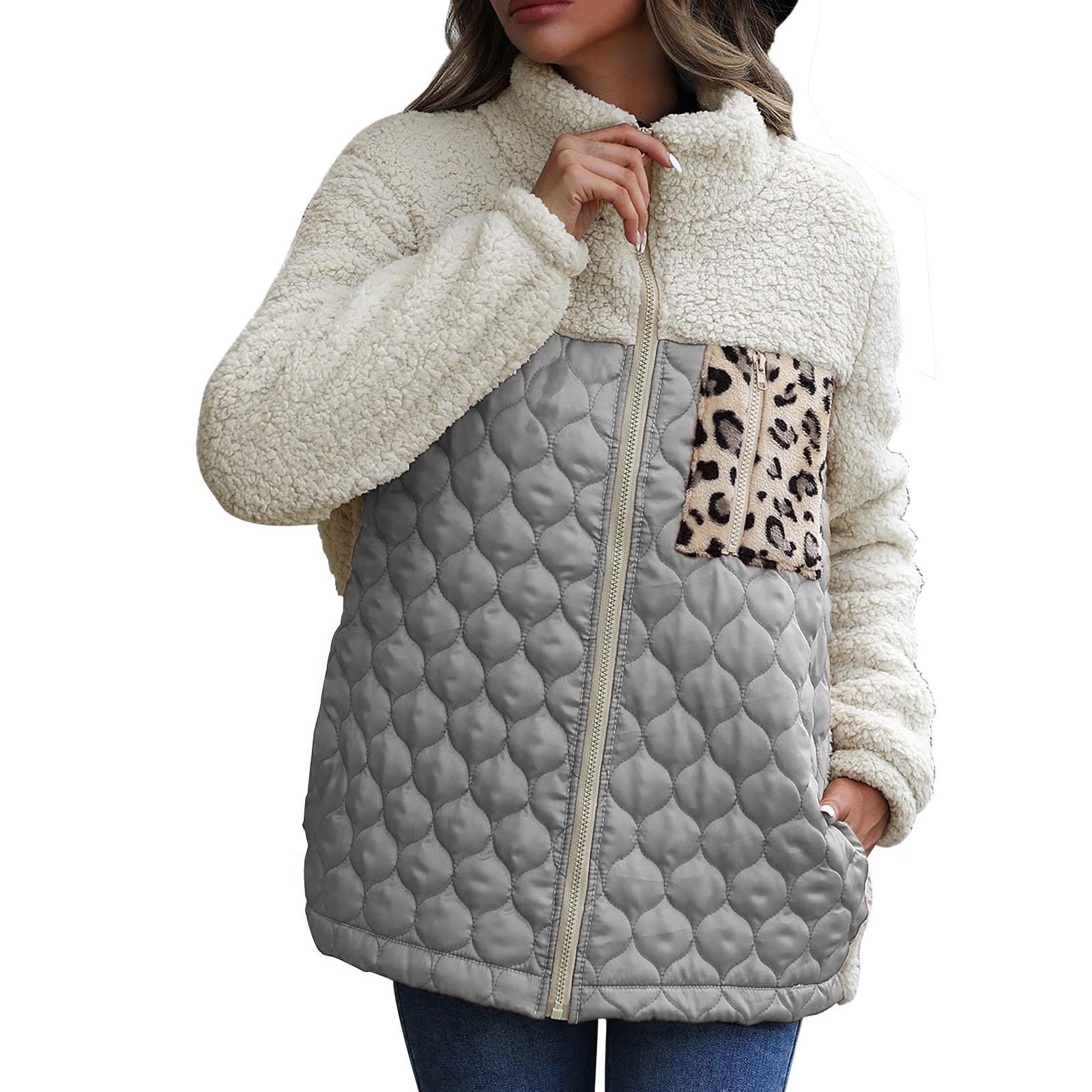 Veste en peluche patchwork à fermeture éclair et coupe lâche gris - 4