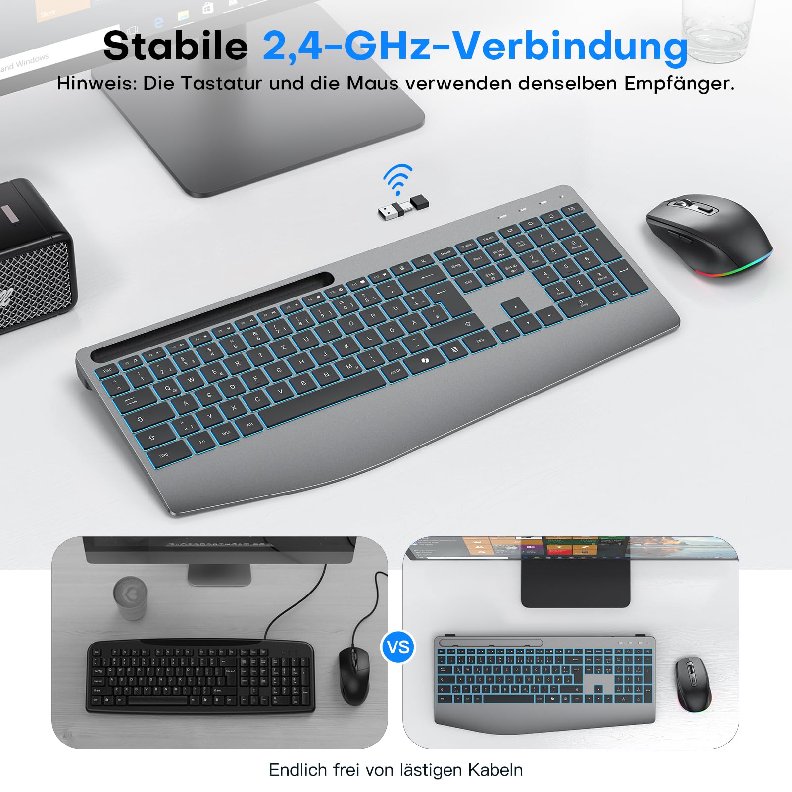 Tastatur Maus Set Kabellos 2,4GHz QWERTZ, OMOTON Beleuchtete Tastatur Leise | Handballenauflage, Ein USB Empfänger für beide Geräte, 4 DPI Maus, Wiederaufladbar, Ergonomische, Windows Linux, Home Office
