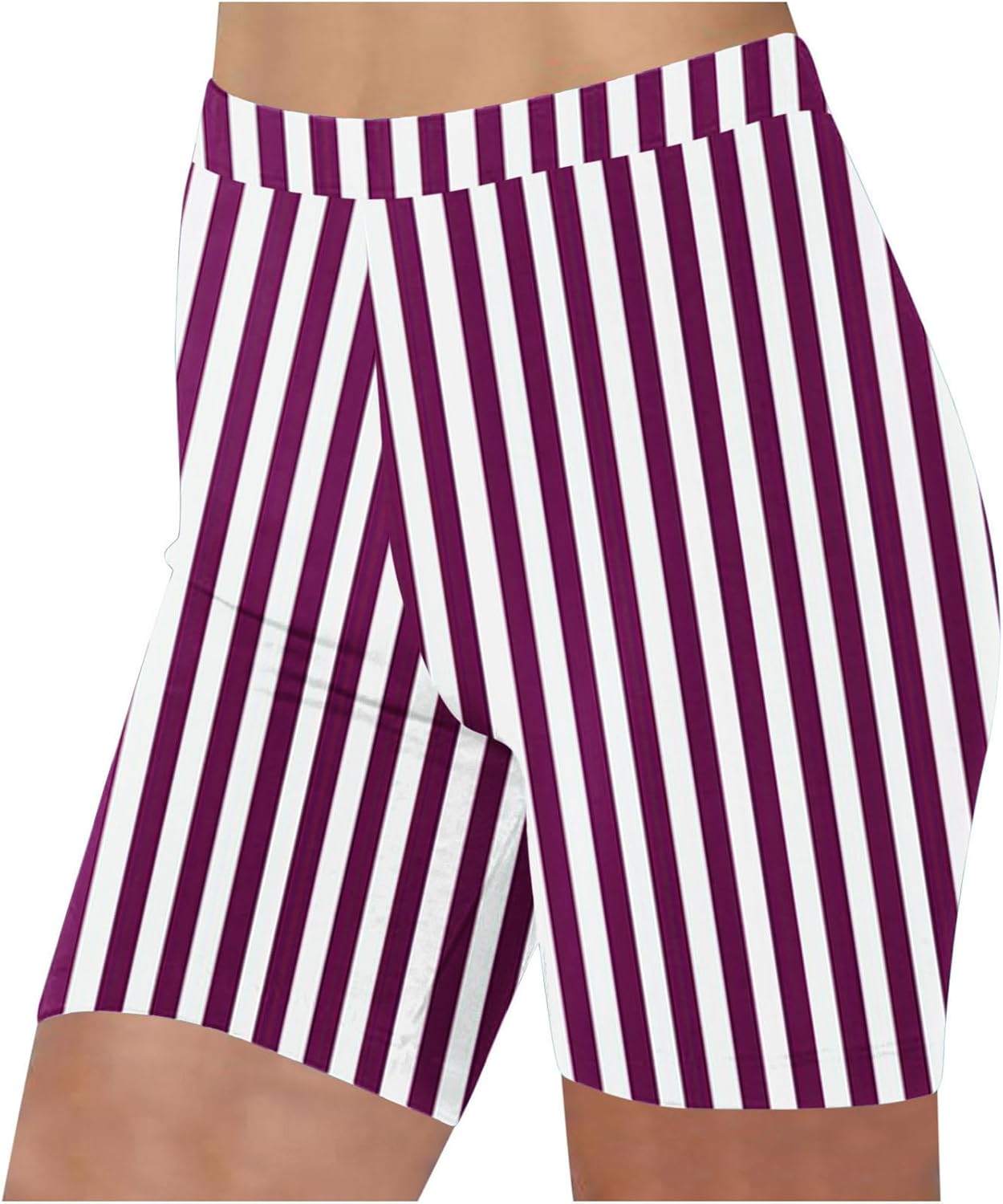 Shorts for Women Vertical Striped Casual Elastic High Waisted Knee Length Short Pants Summer Beach Vacation Bottoms