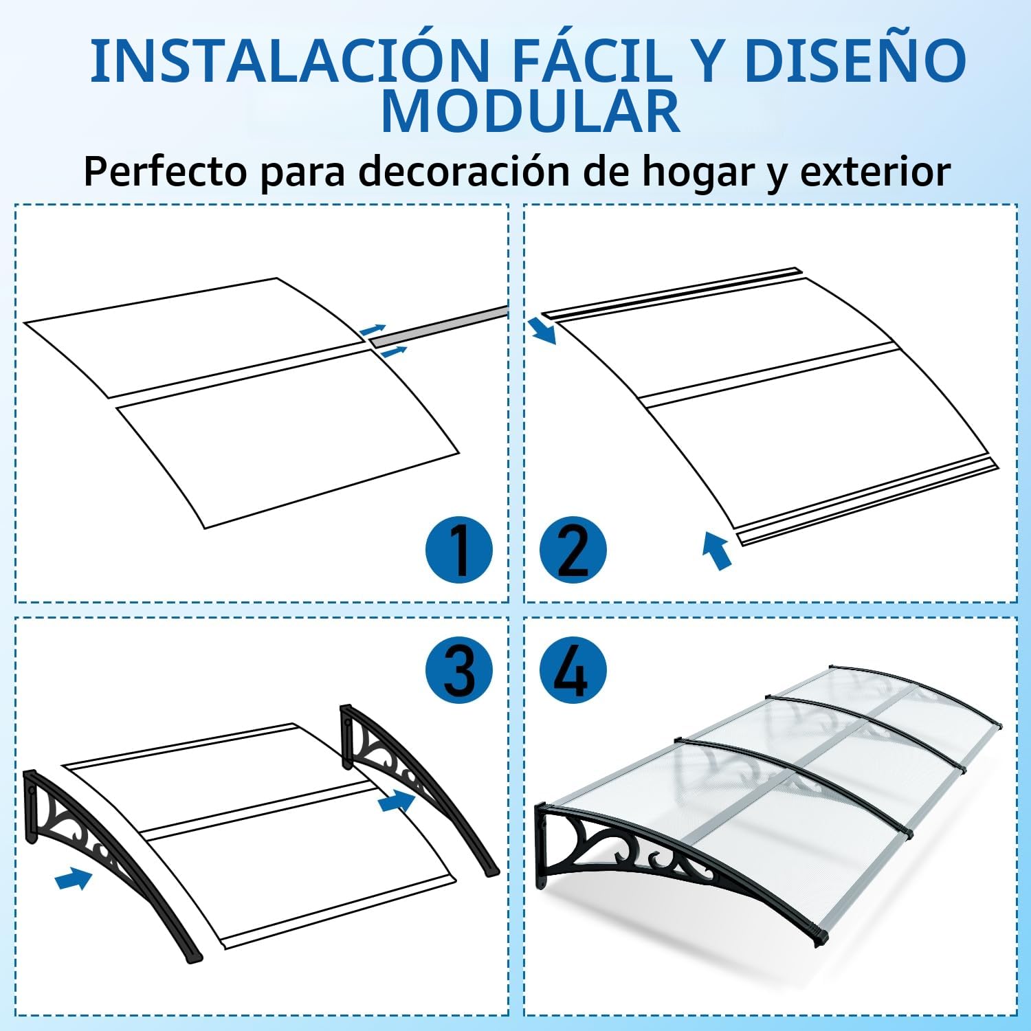Toldo para Puerta 100x300 cm, marquesina para Puerta de Entrada de 6 mm de Aluminio y policarbonato, marquesina Transparente arqueada, protección contra el Sol y la Lluvia