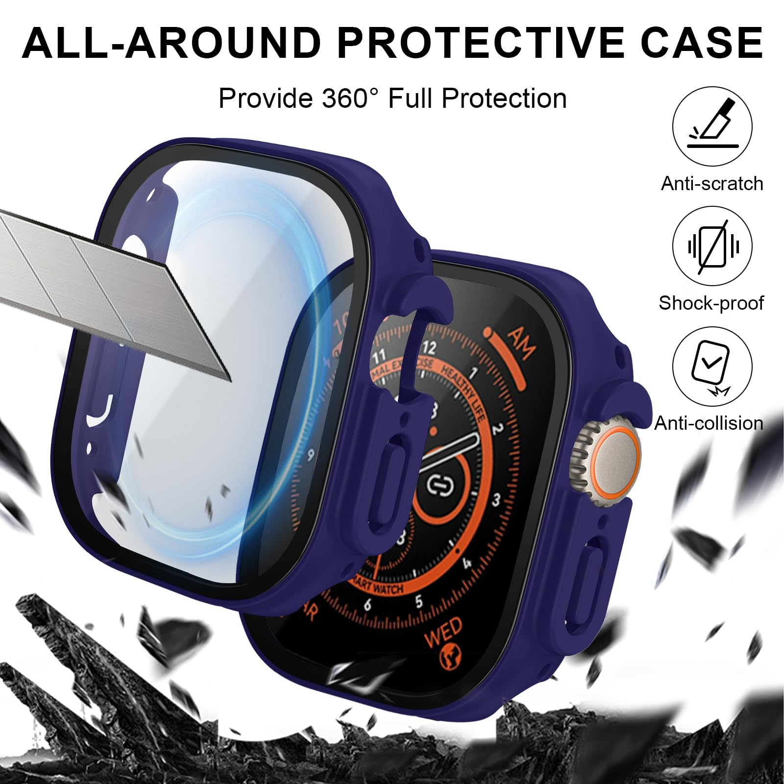 6-pak etui do Apple Watch Series Ultra1/2 49 mm z osłoną ekranu ze szkła hartowanego, twardy PC, ultracienki HD, odporny na zarysowania, pełna ochrona, osłona zderzaka do iWatch 49 mm, akcesoria (6
