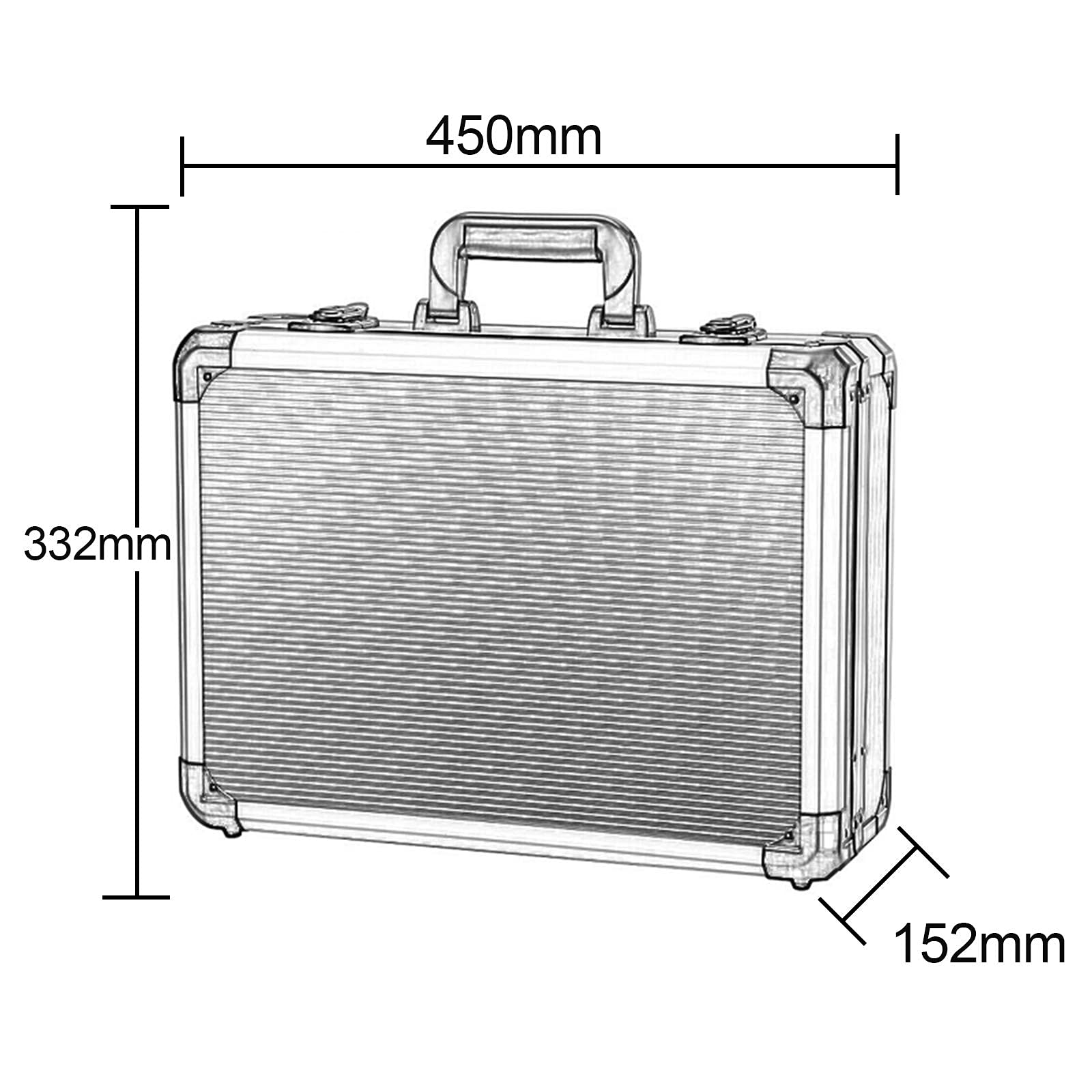 Zamykana aluminiowa walizka lotnicza, przenośna walizka do przechowywania przenośna z ochronną skrzynką narzędziową z pianki 450 x 330 x 155 mm, z gąbką - 450 x 332 x 152 mm