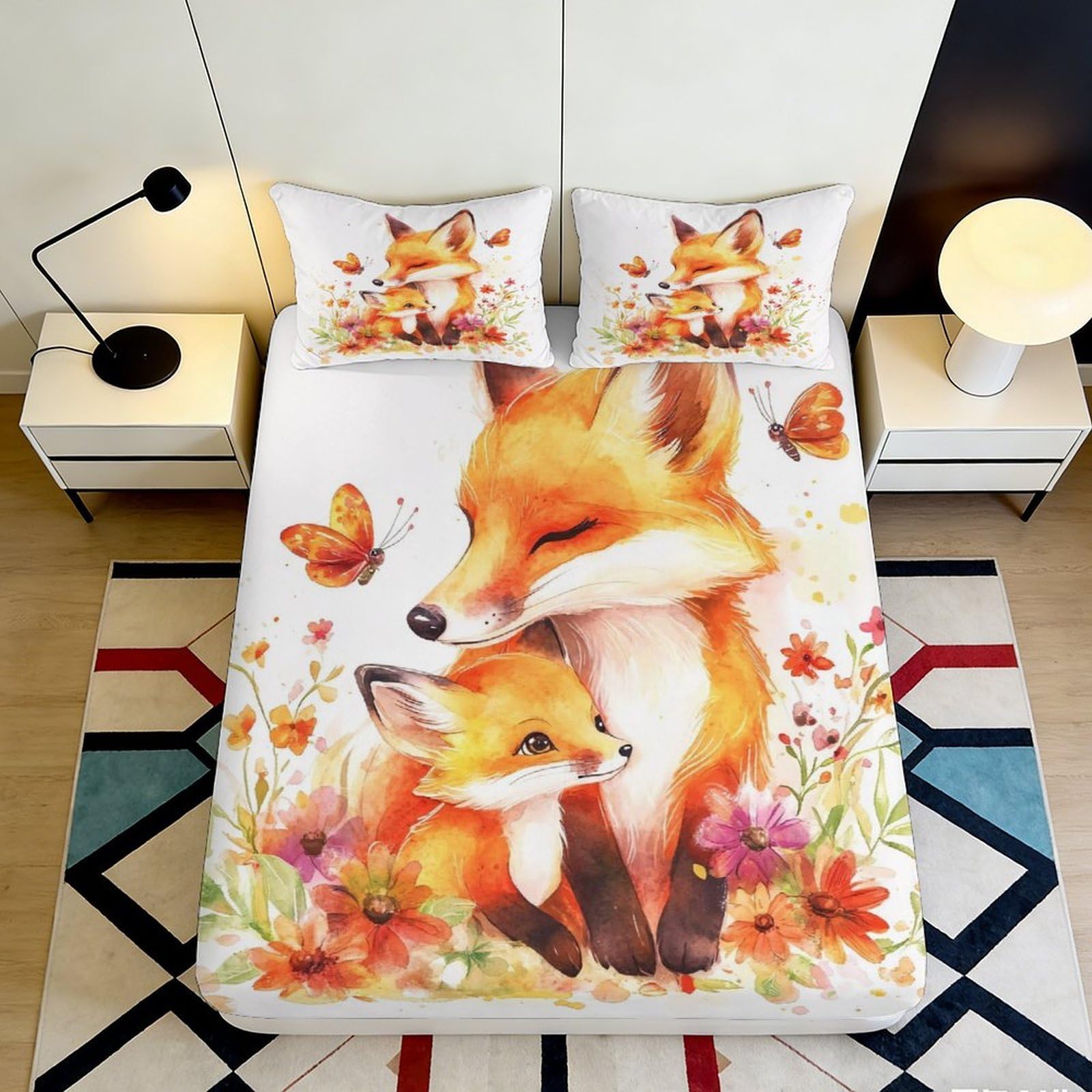 3D Printed Fox Meadow Fitted Sheet Microfiber Soft Mattress Cover Orange Wildlife Decor for Bedroom Guest Room 90x200x25cm