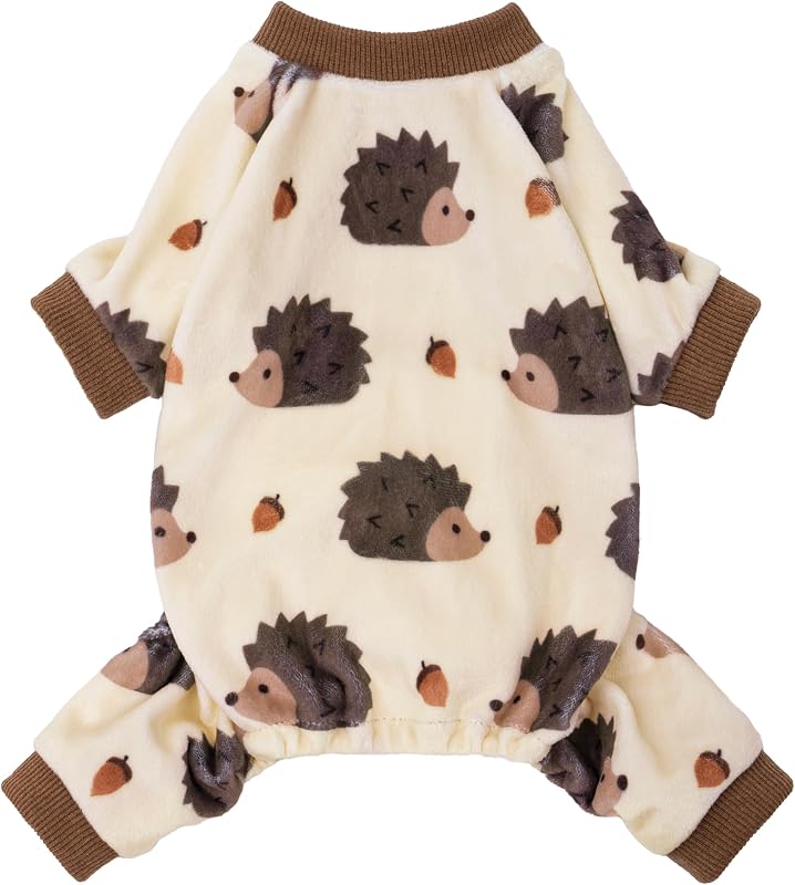 Pijama para Cães Pequenos Fitwarm com Estampa de Ouriço, Tecido Elástico e Patas, Bege e Marrom, Tamanho Grande