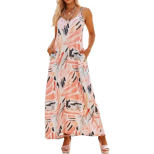Supnier Women's Summer Maxi Dress Casual V-Neck Sleeveless Bohemian Spaghetti Strap Floral Long Maxi Dress with Pockets