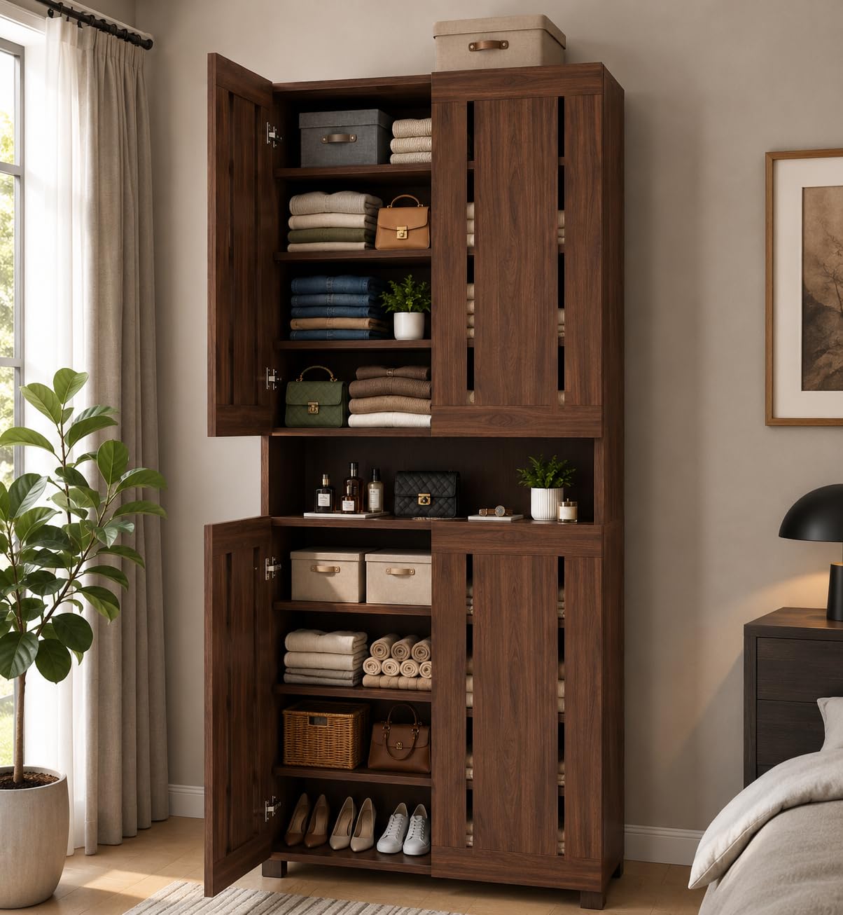 Tower 4-Door Wooden Wardrobe for Bedroom | Tall Almirah for Storage & Organization | Engineered Wood Clothes Cupboard - Columbia Walnut Finish-image-6