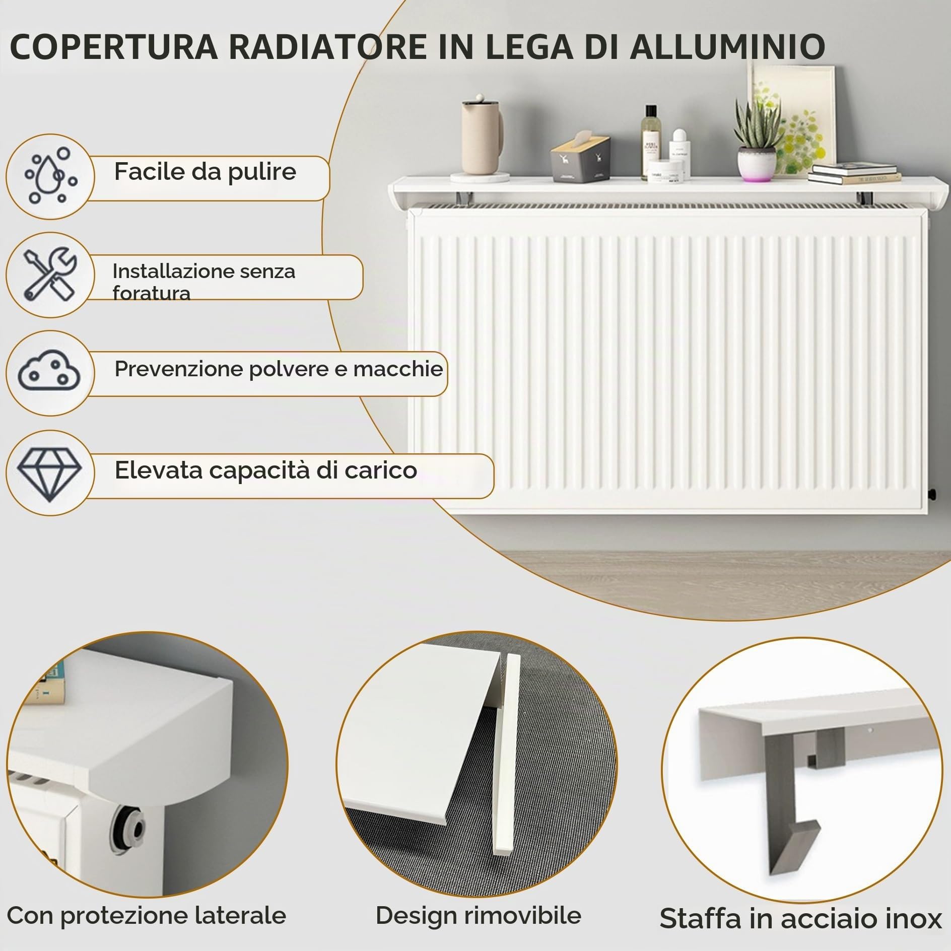 Mensola Radiatore,Mensola Termosifone,Senza Forare,Copritermosifone Bianco di Alluminio,Consolle Universale per Termosifone,Copricalorifero,Mensolas Calorifero,Cuscinetto di Carico 30kg(35cm)