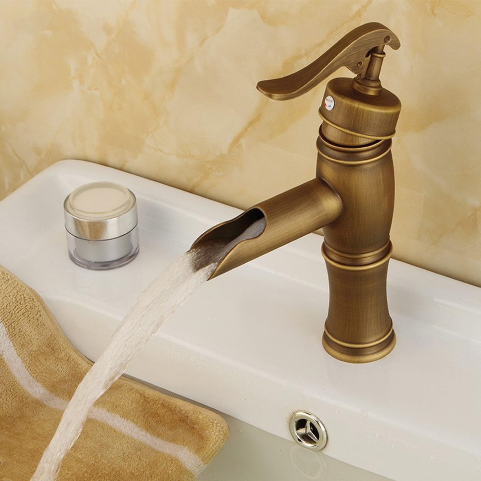 Waterfall Taps Bathroom All Copper Single Hole Antique Basin Taps Single Handle Retro Mixer Tap Bathroom Sink,Heigu (Antique)