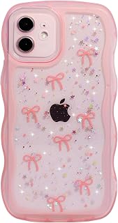 Qokey for iPhone 11 Case 6.1", Glitter Star & Curved Edge Handle Grip Design, Military-Grade Shockproof Clear TPU Cover, Sparkle Protection Scratch-Resistant, Holographic Pink Bow