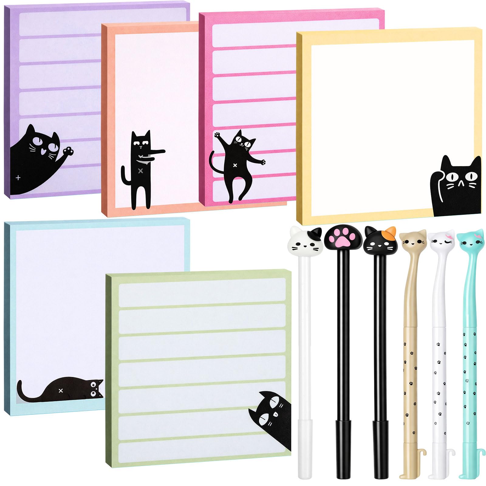 12 articoli per ufficio per gatti inclusi 6 penne Kawaii, penne da scrittura con inchiostro nero da 0,5 mm, 6 blocchetti di note adesive, 7,6 x 7,6 cm, carini autoadesivi per ufficio e scuola