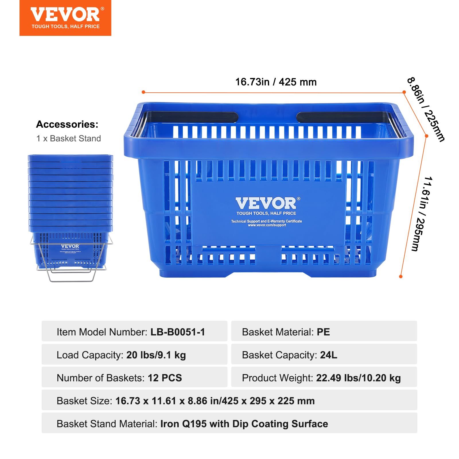 VEVOR Panier de courses, panier à provision en plastique durable 21 L avec poignée grise et support, 420x300x210 mm, panier d'achat pour magasins de détail, supermarchés, courses, rouge