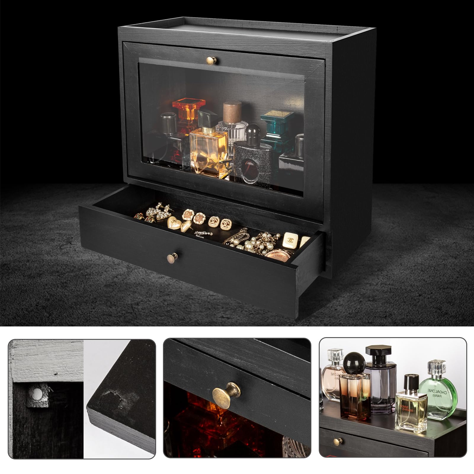 Organizador de Perfumes de Madera con Acrílico y Cajón, Almacena Perfumes Joyas Cosméticos para Hombres Mujeres, Dormitorio Baño Negro | Almacena Perfumes Joyas Cosméticos para Hombres Mujeres, Dormitorio Baño Negro